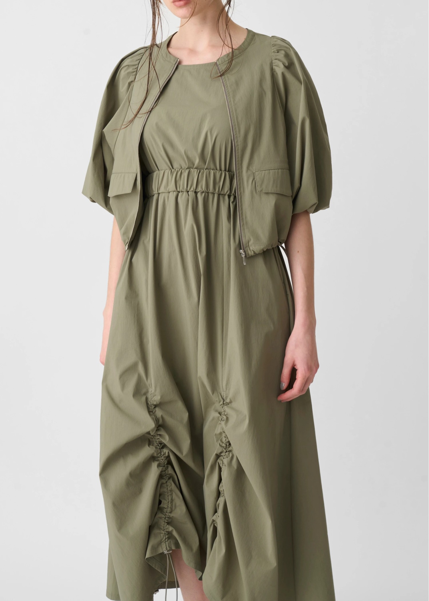 balloon sleeve drawstring zip tops