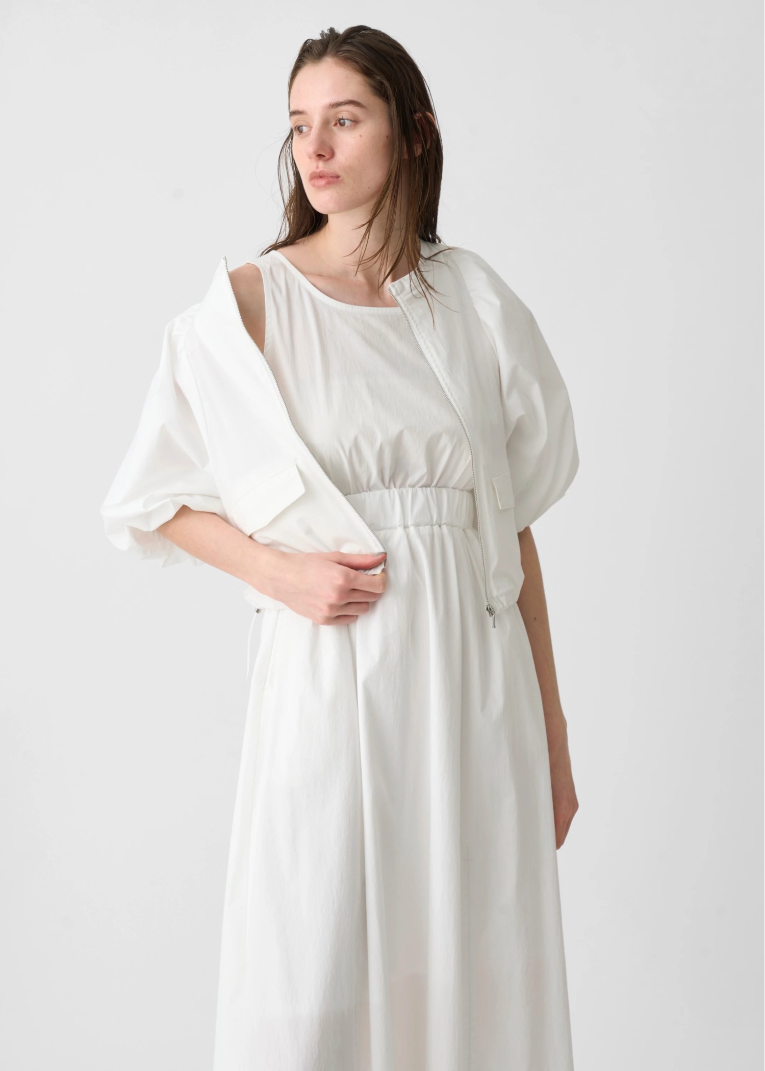 balloon sleeve drawstring zip tops