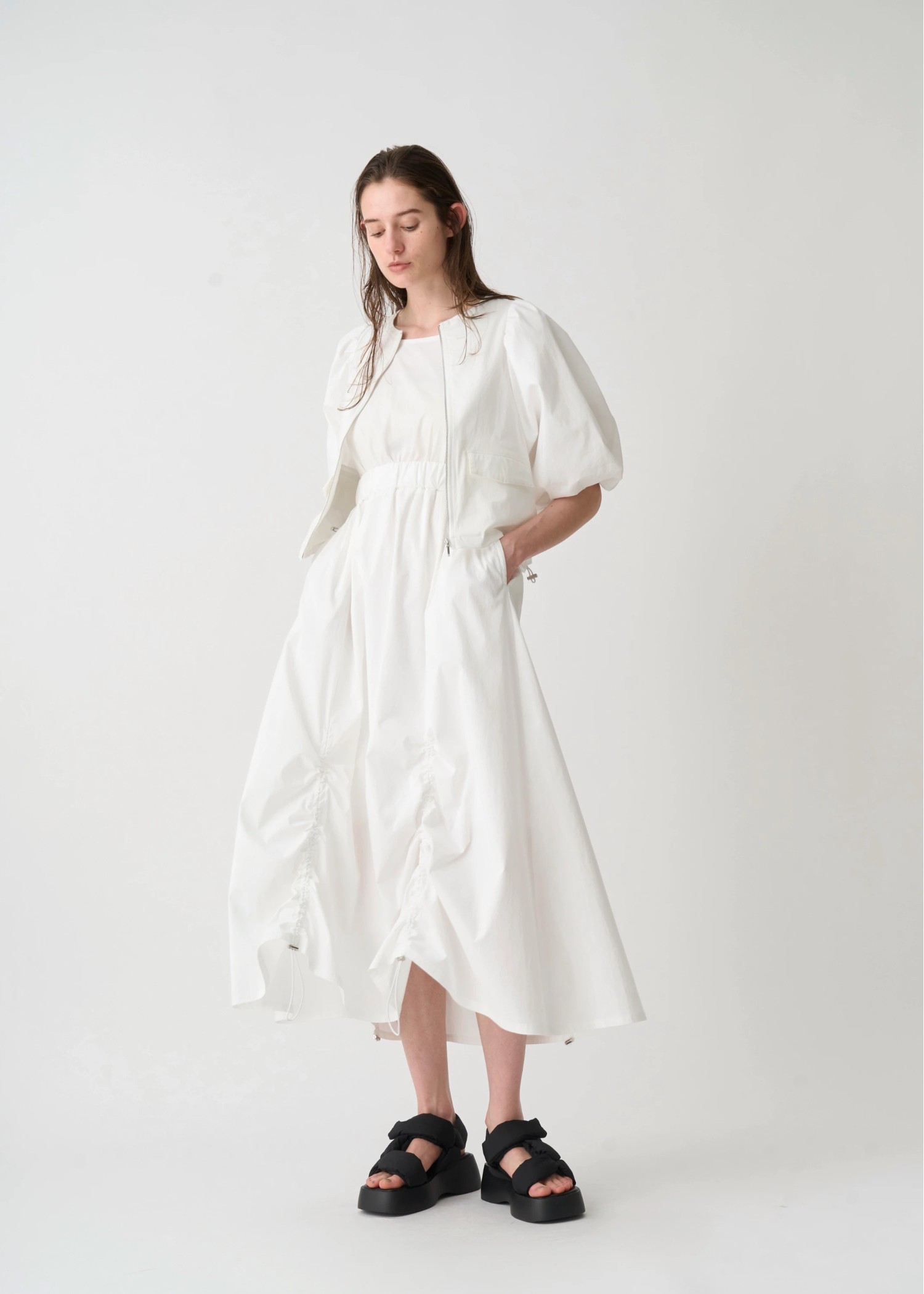 balloon sleeve drawstring zip tops