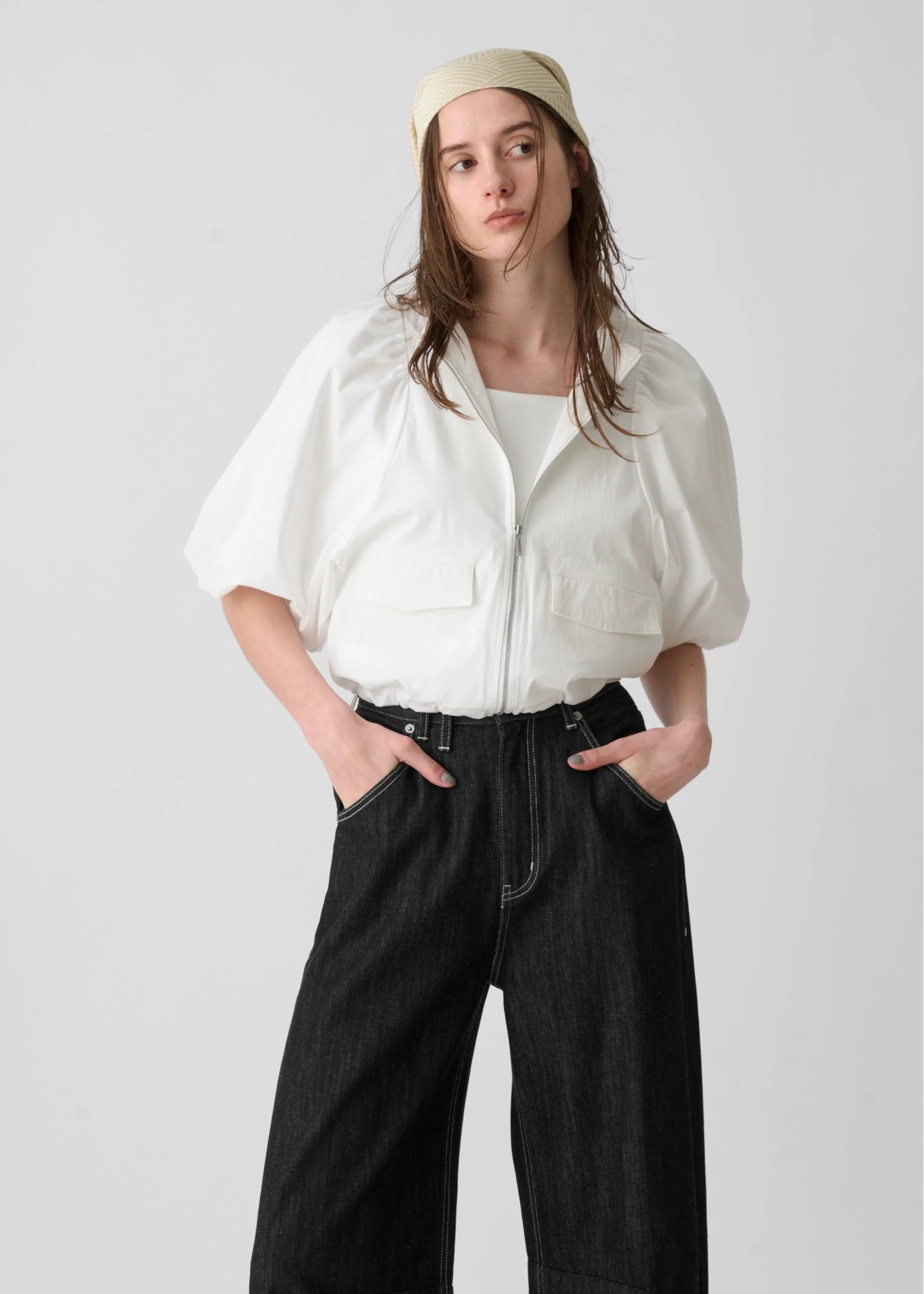 balloon sleeve drawstring zip tops