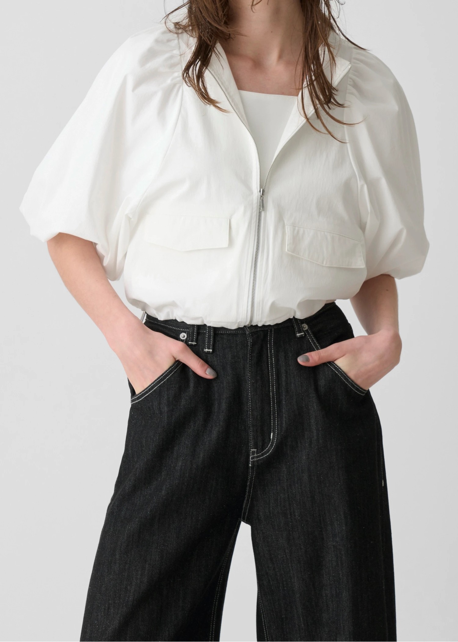 balloon sleeve drawstring zip tops