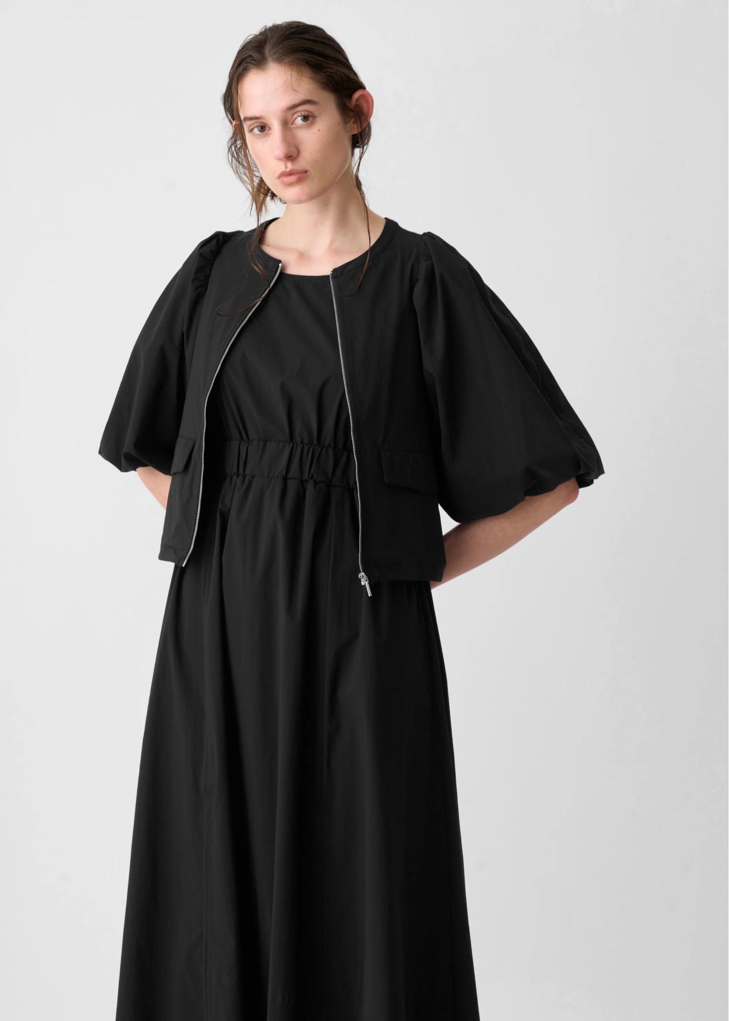 balloon sleeve drawstring zip tops