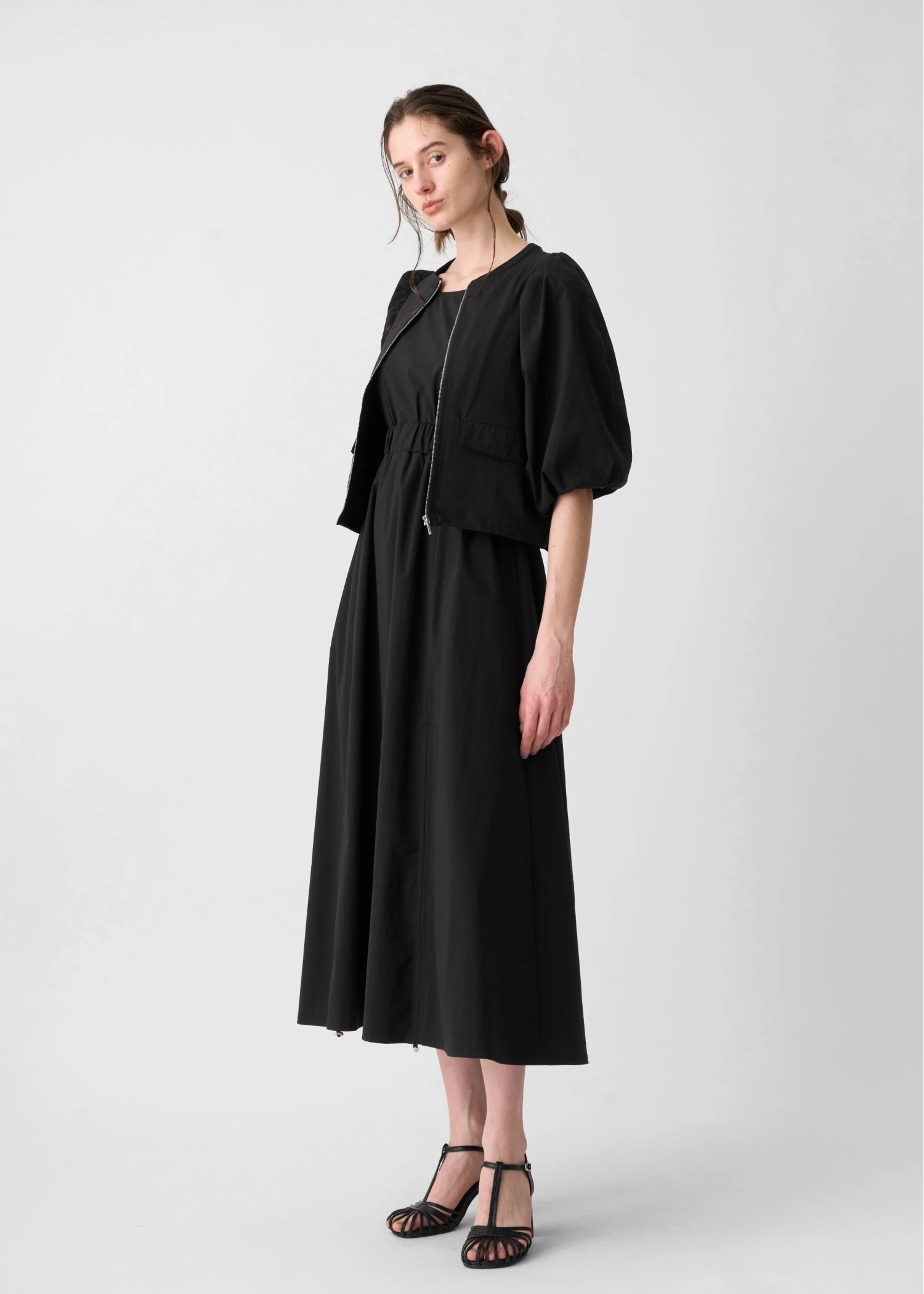 balloon sleeve drawstring zip tops