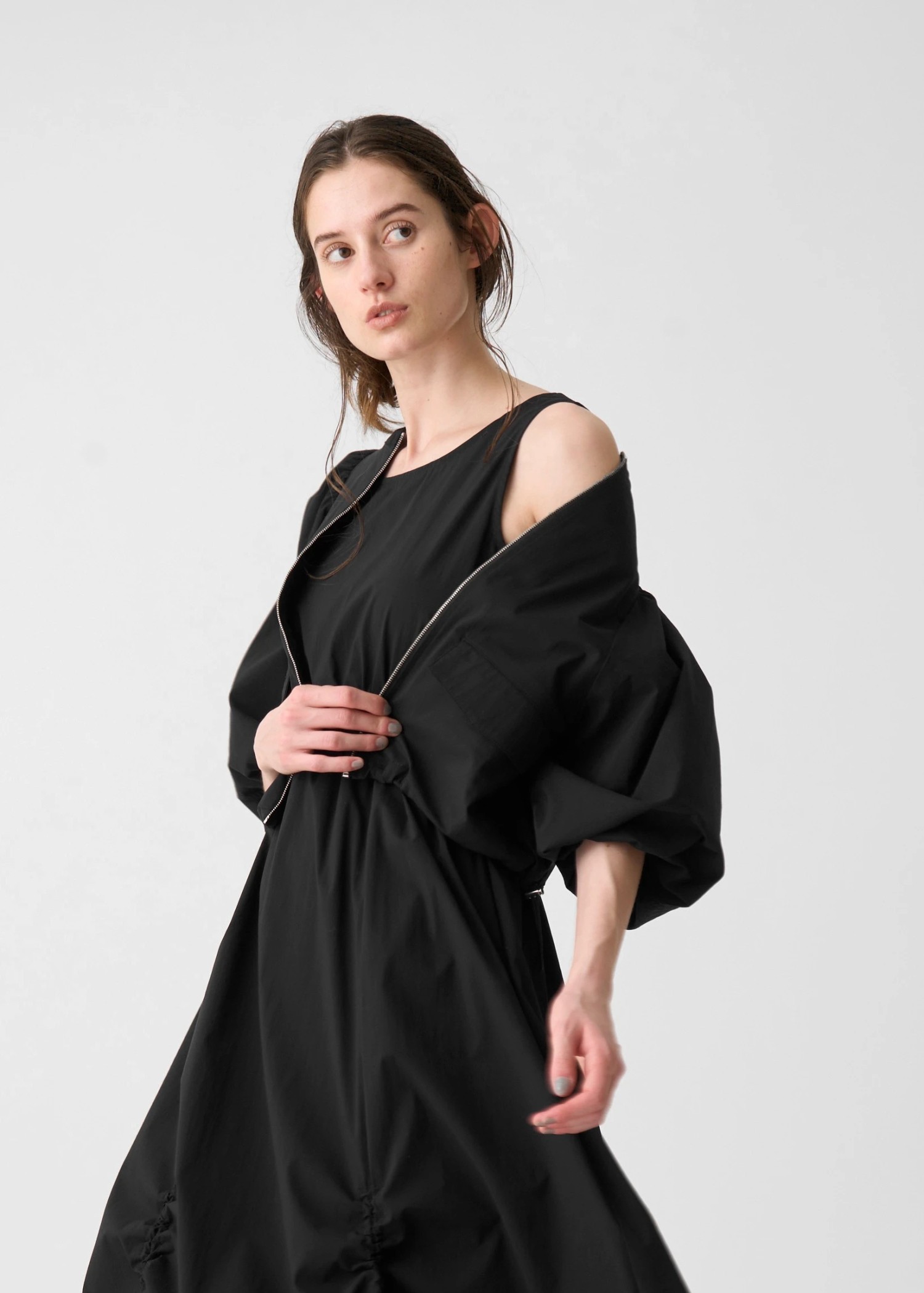 balloon sleeve drawstring zip tops