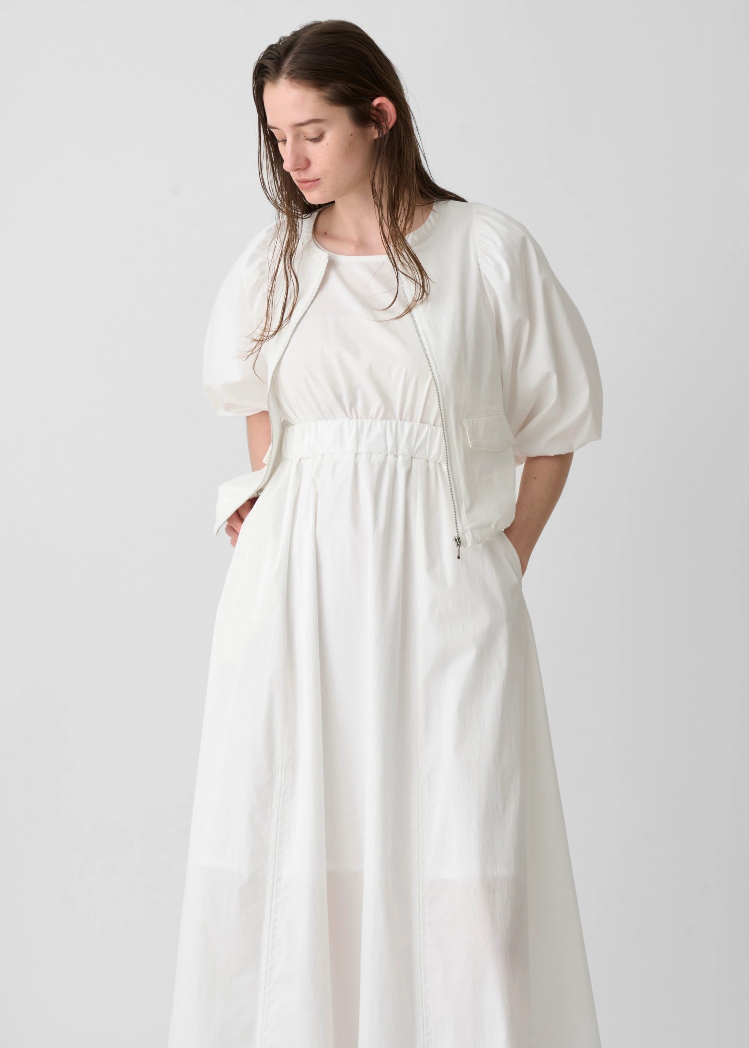 balloon sleeve drawstring zip tops