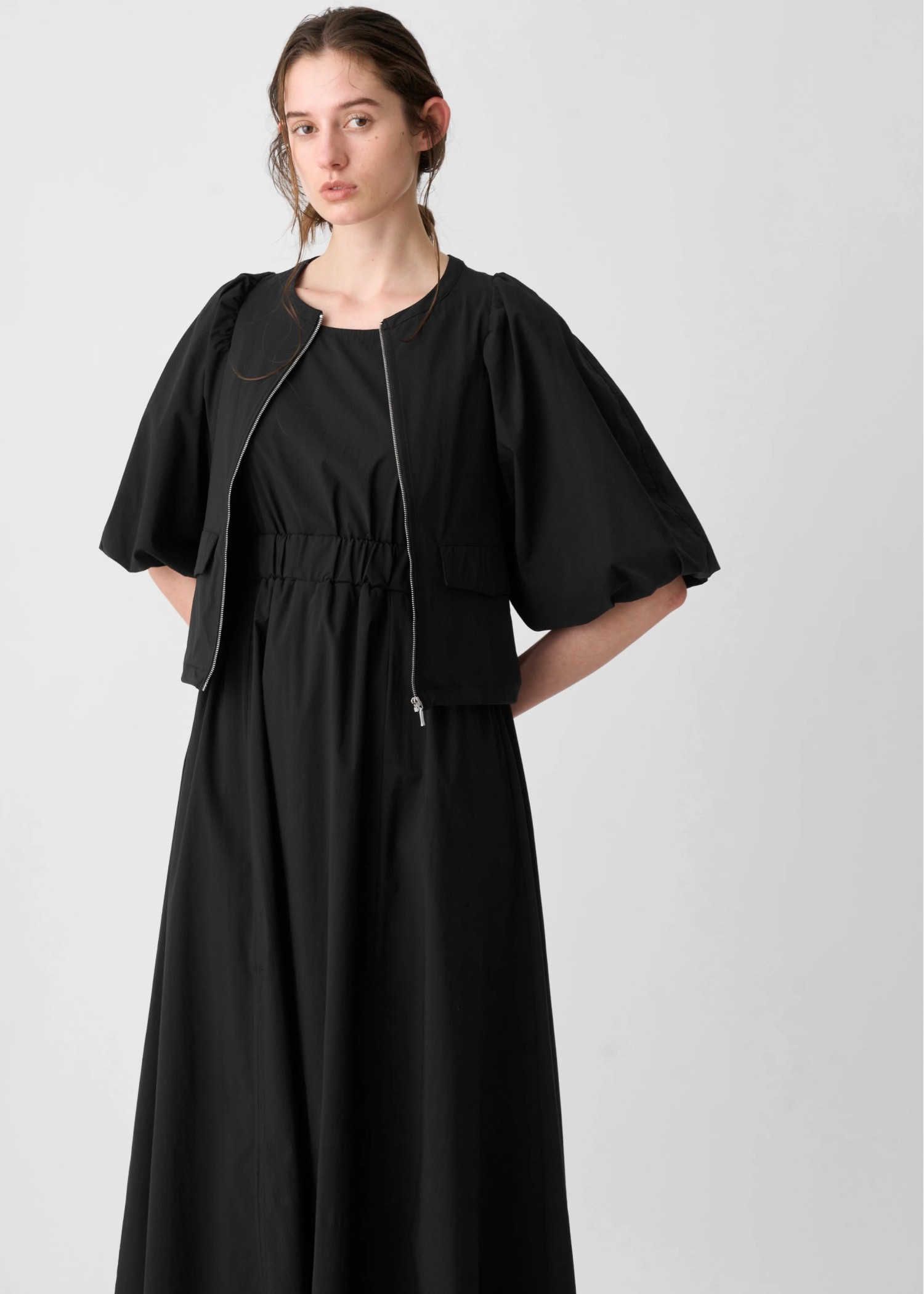 balloon sleeve drawstring zip tops