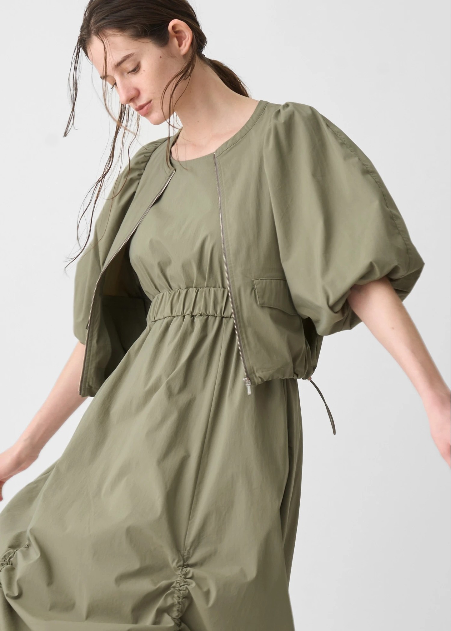 balloon sleeve drawstring zip tops