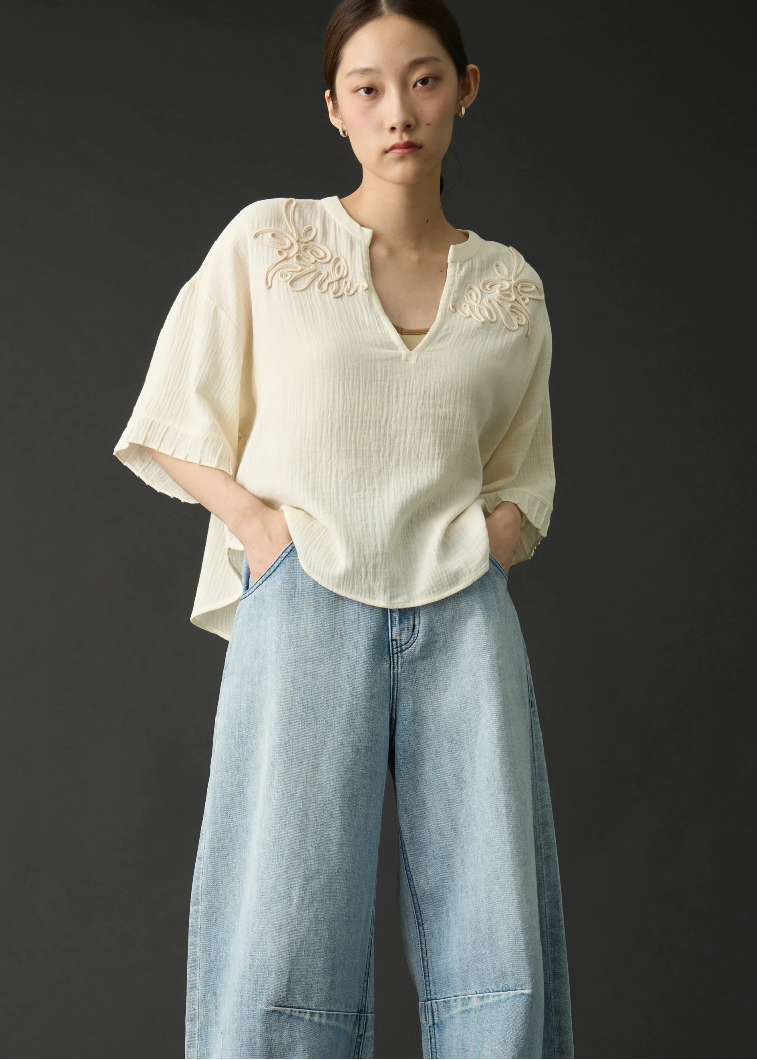 cord embroidery pleats sleeve double gaze tops