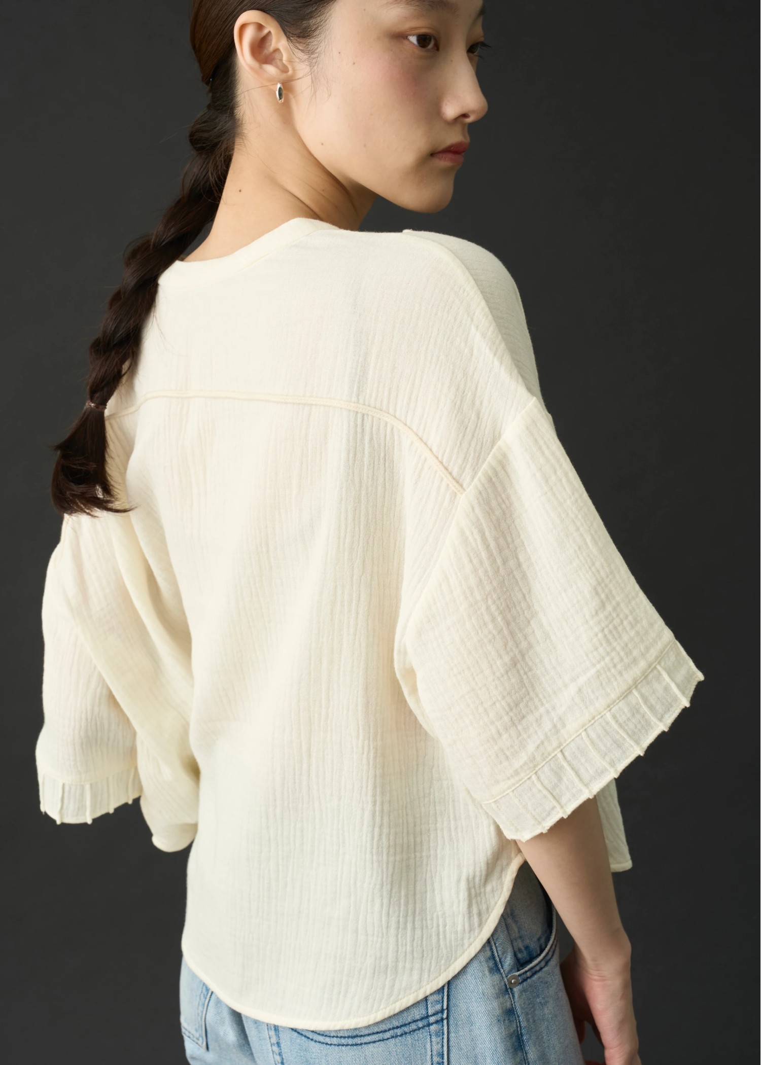 cord embroidery pleats sleeve double gaze tops