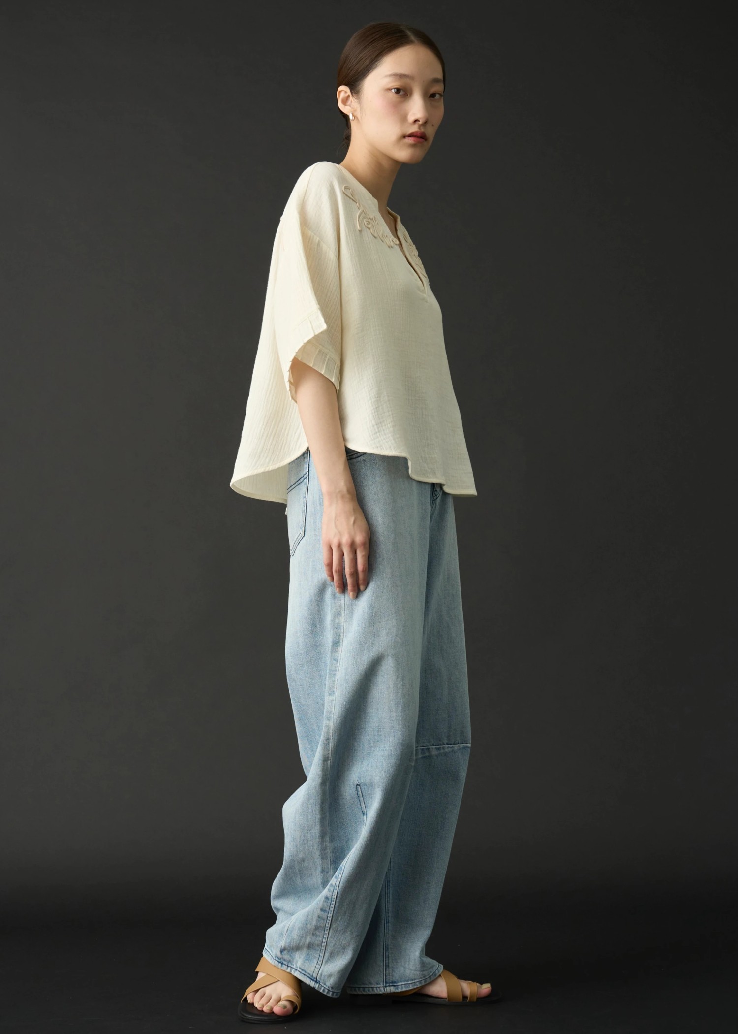 cord embroidery pleats sleeve double gaze tops