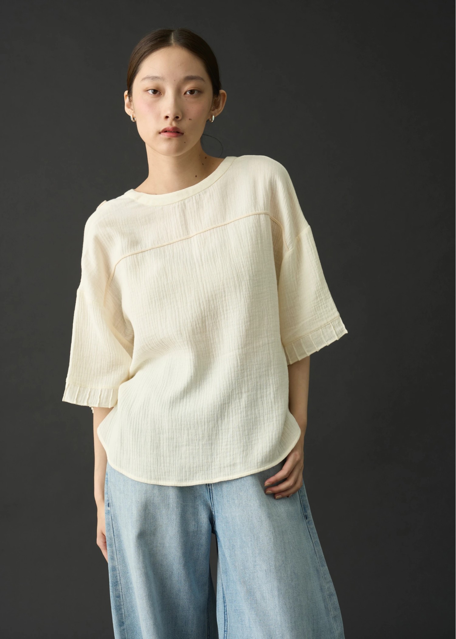 cord embroidery pleats sleeve double gaze tops
