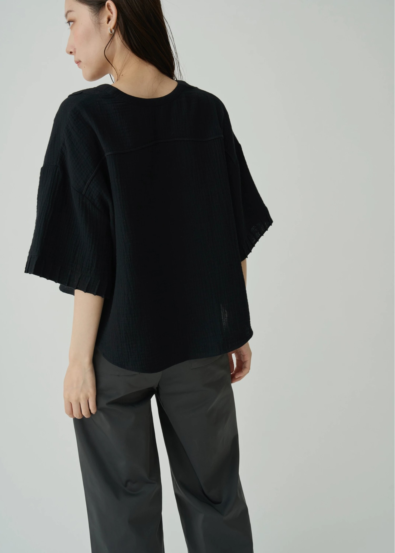 cord embroidery pleats sleeve double gaze tops