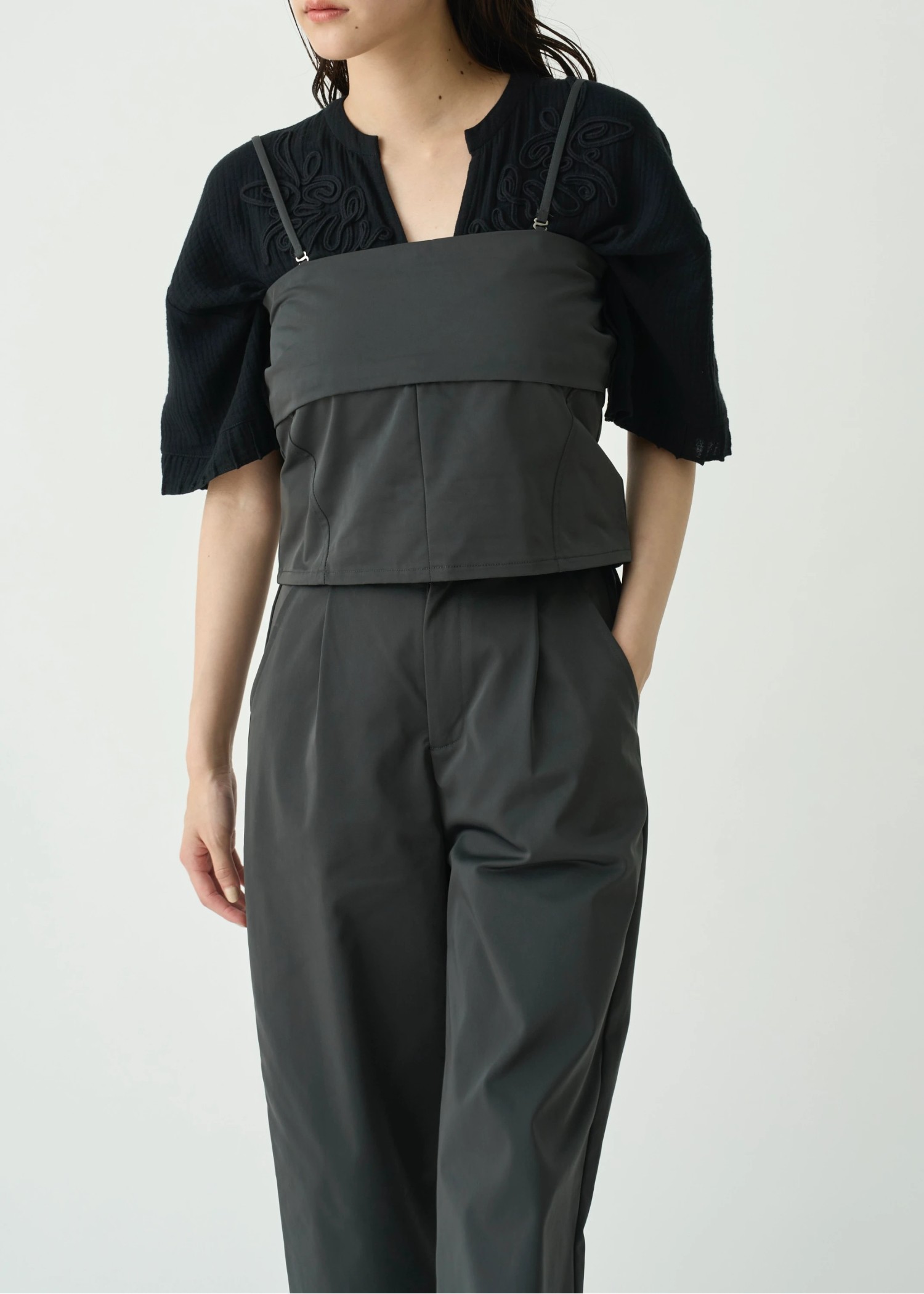 cord embroidery pleats sleeve double gaze tops