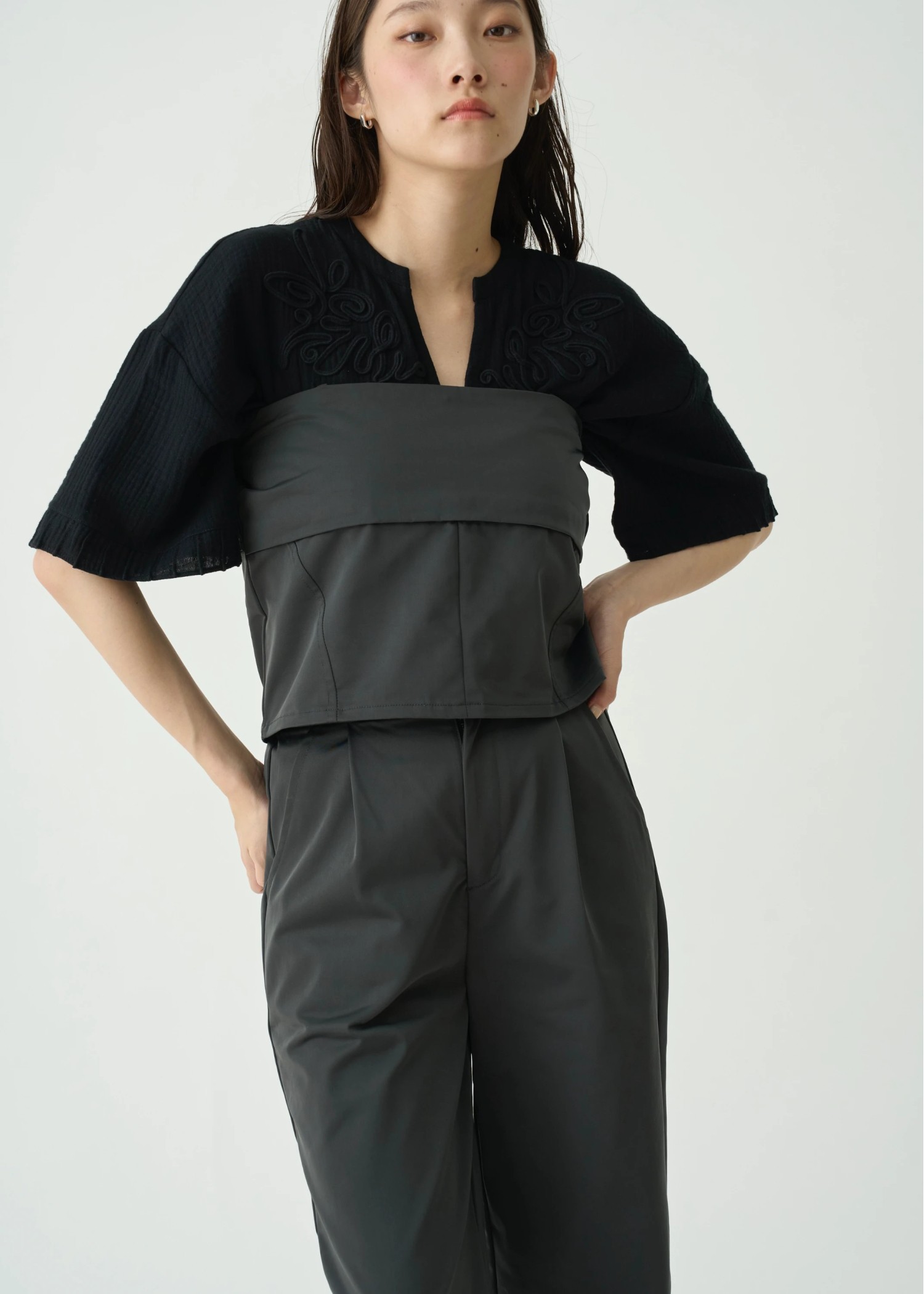 cord embroidery pleats sleeve double gaze tops