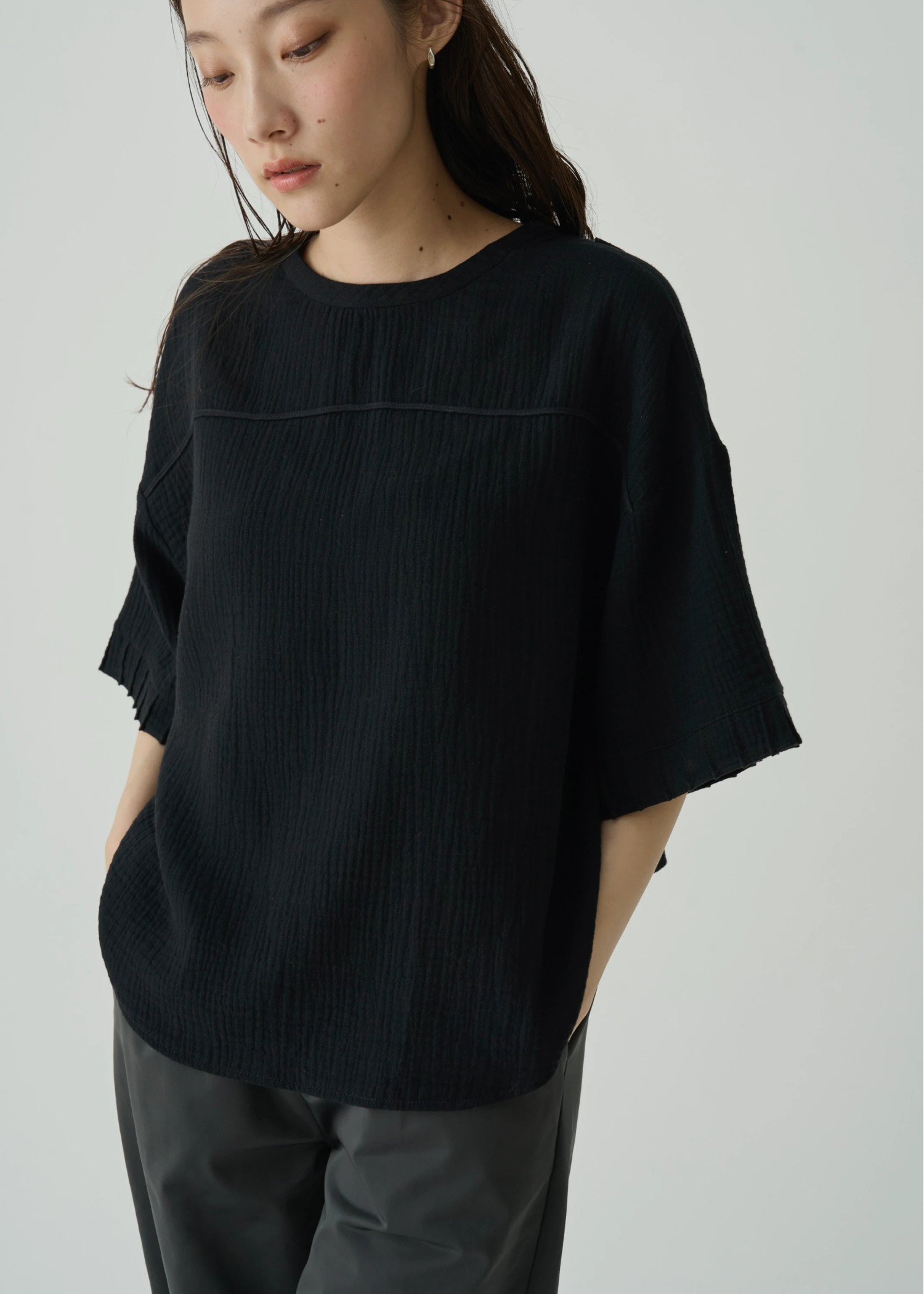 cord embroidery pleats sleeve double gaze tops