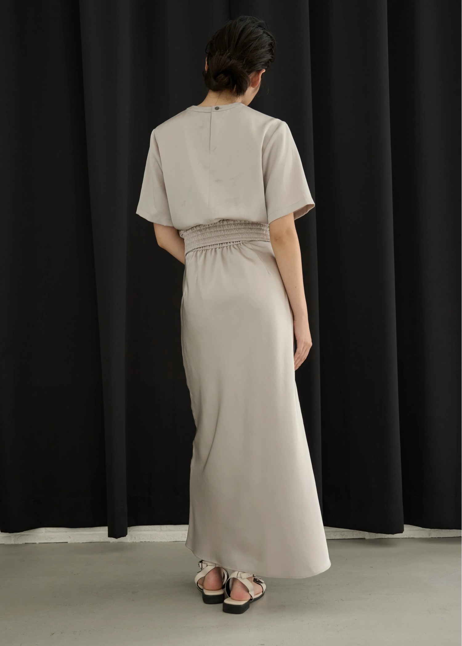 patch pocket mat satin waist shirring tops