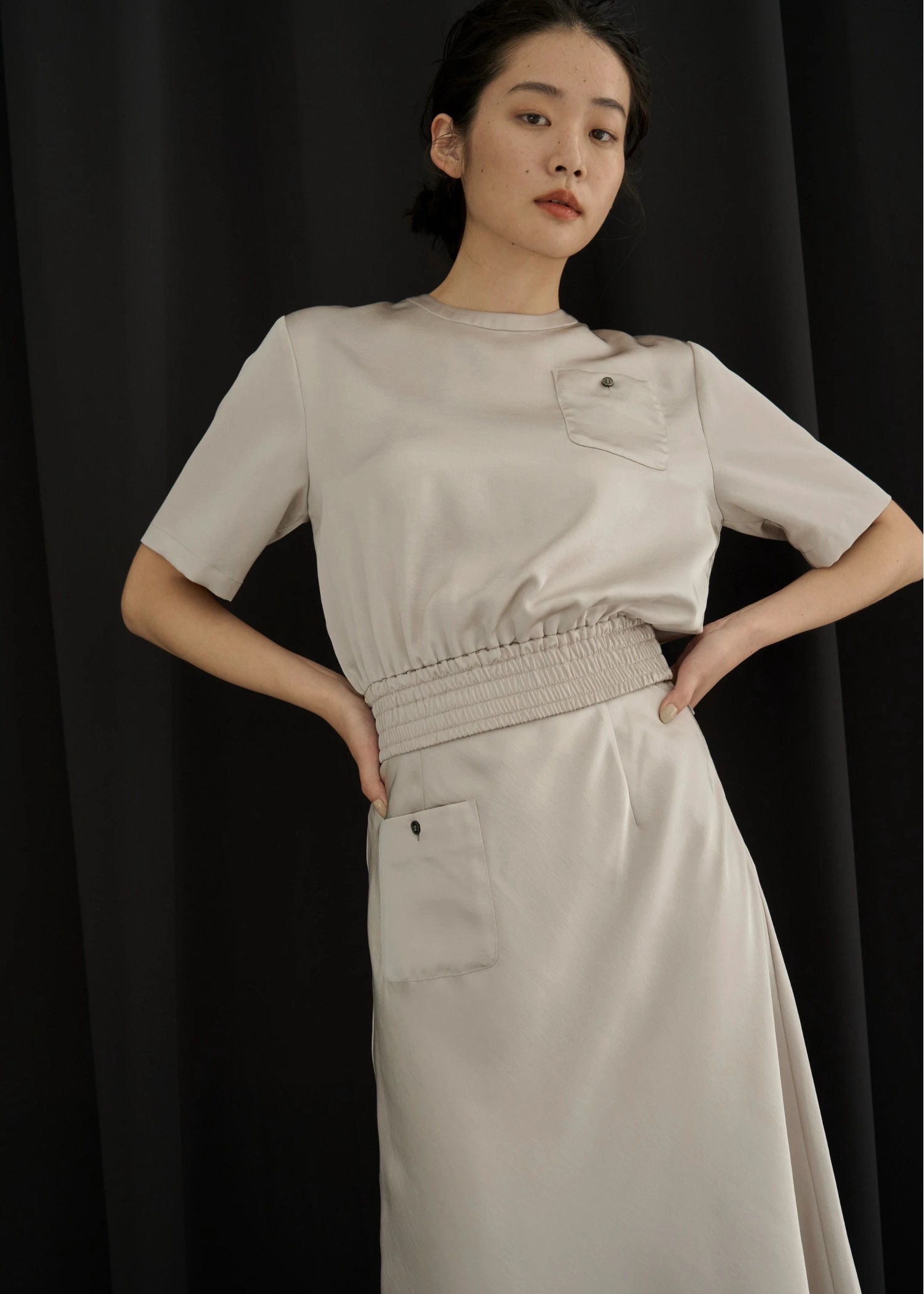 patch pocket mat satin waist shirring tops