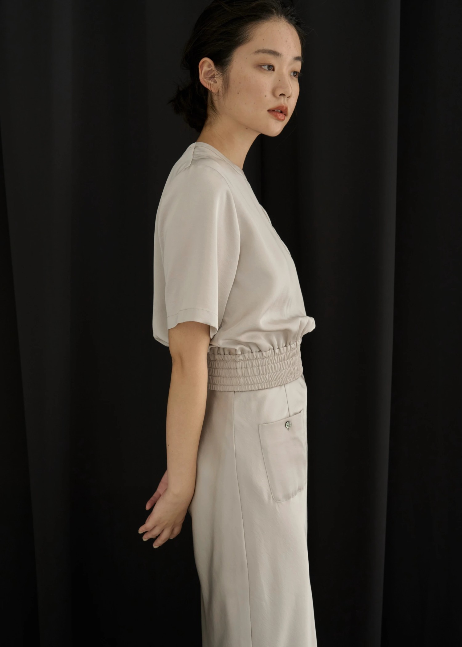 patch pocket mat satin waist shirring tops