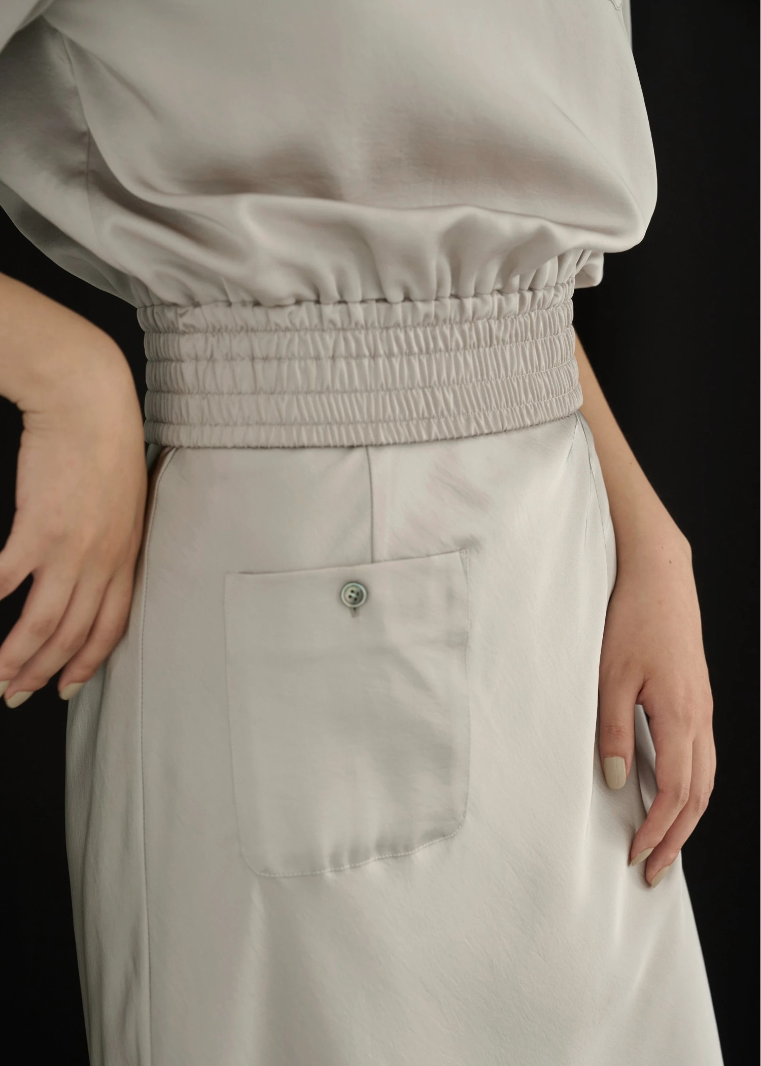 patch pocket mat satin waist shirring tops