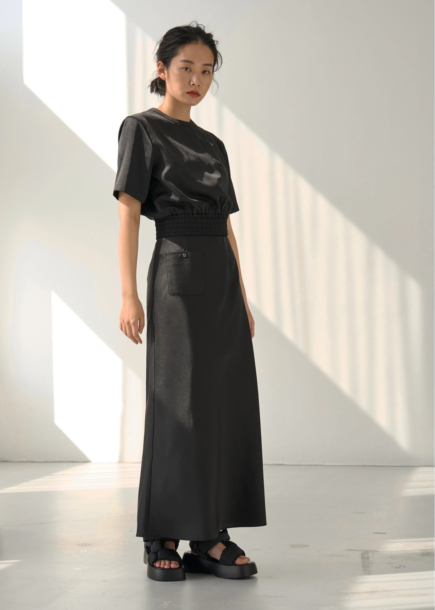 patch pocket mat satin waist shirring tops