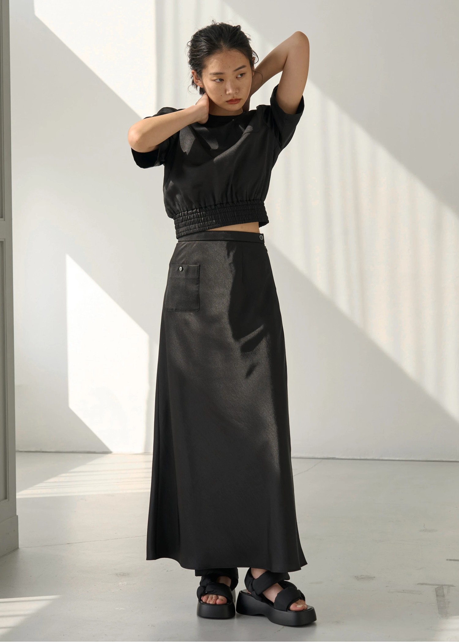 patch pocket mat satin waist shirring tops