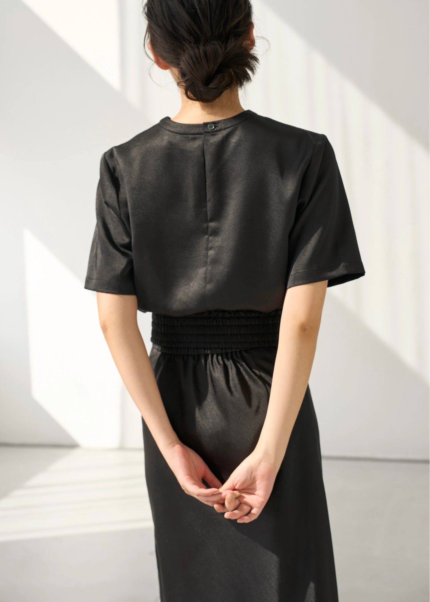 patch pocket mat satin waist shirring tops