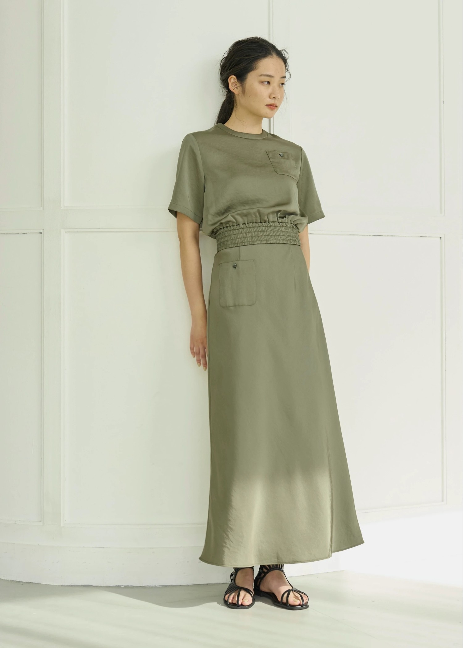 patch pocket mat satin waist shirring tops