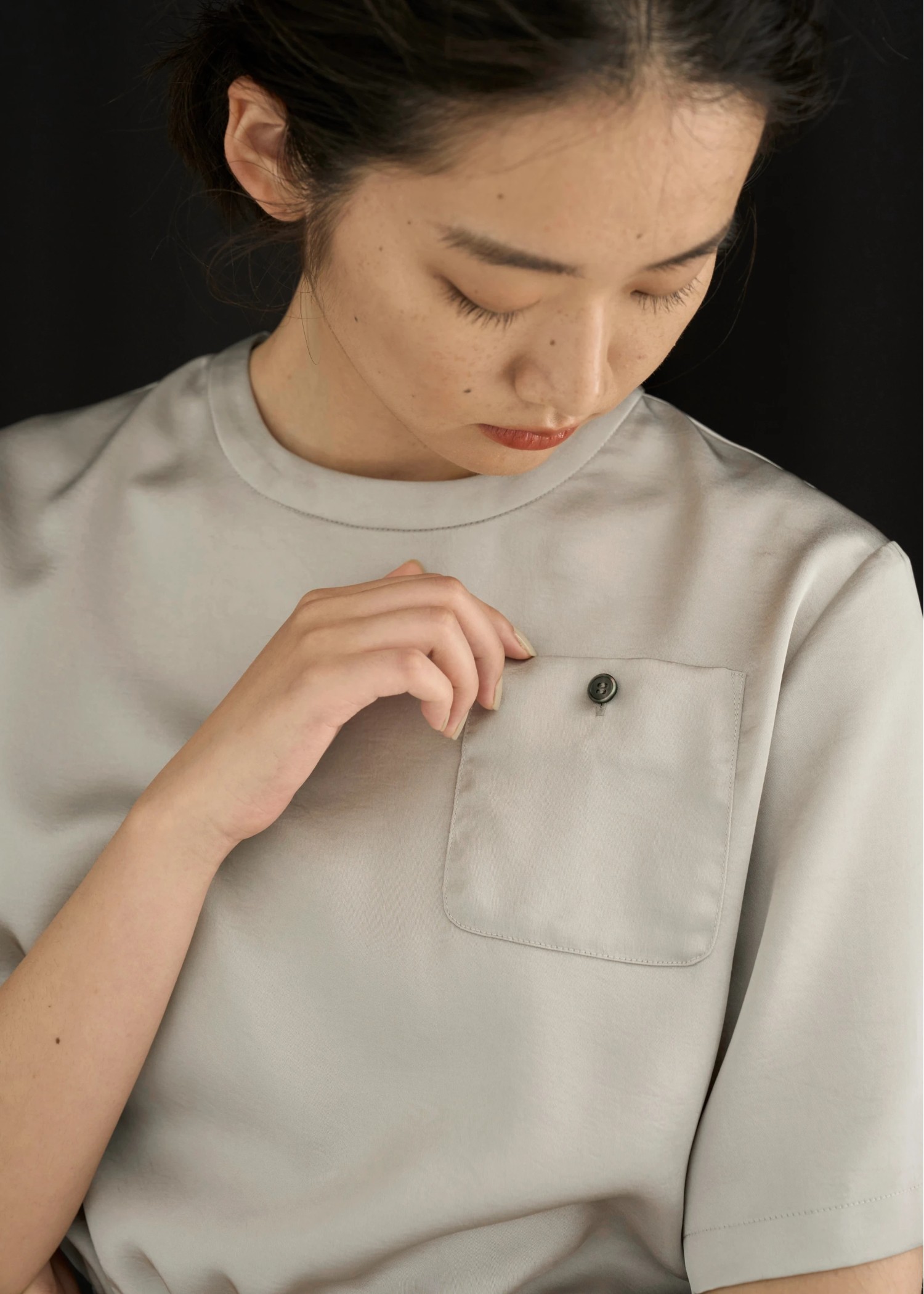 patch pocket mat satin waist shirring tops