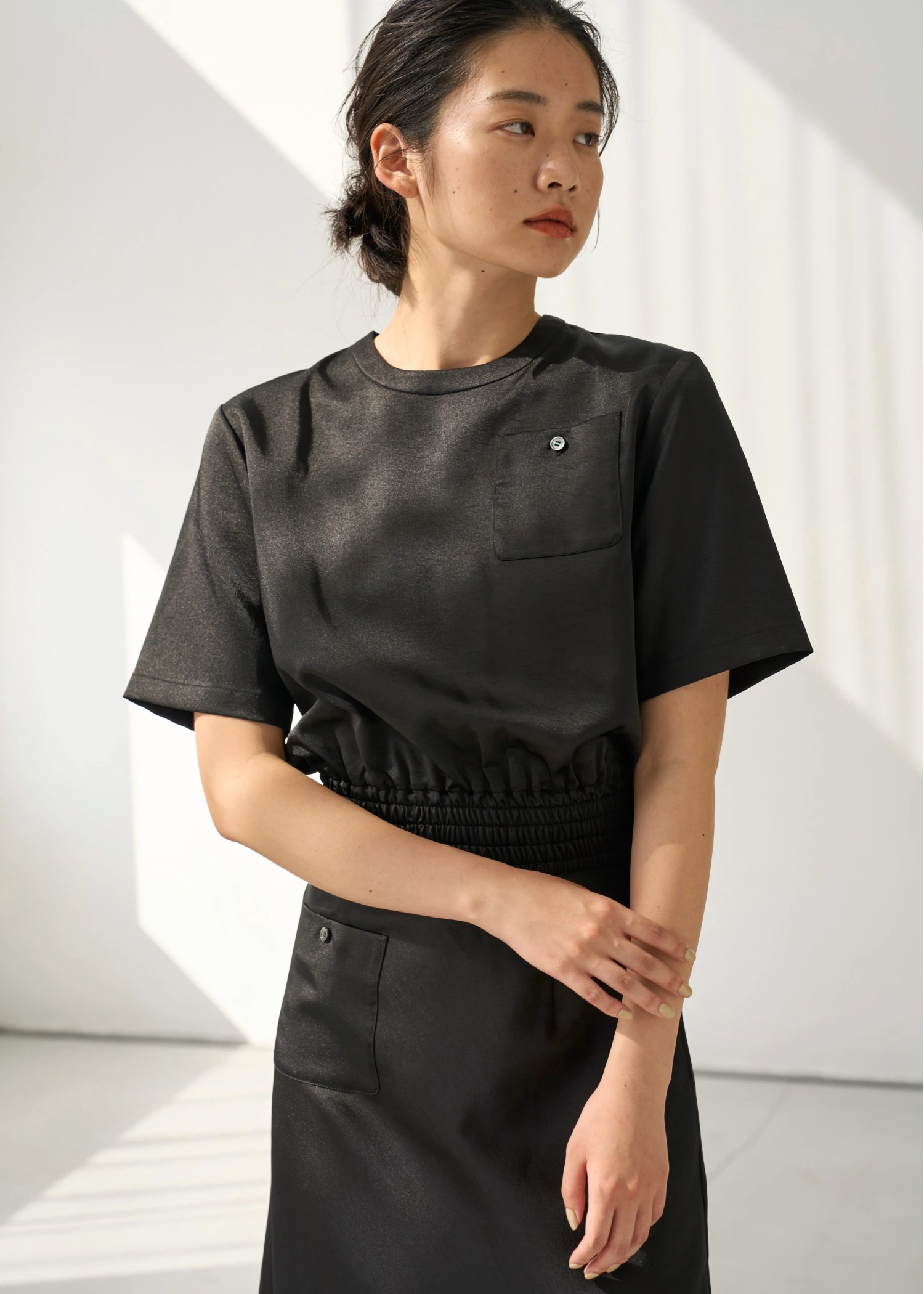 patch pocket mat satin waist shirring tops