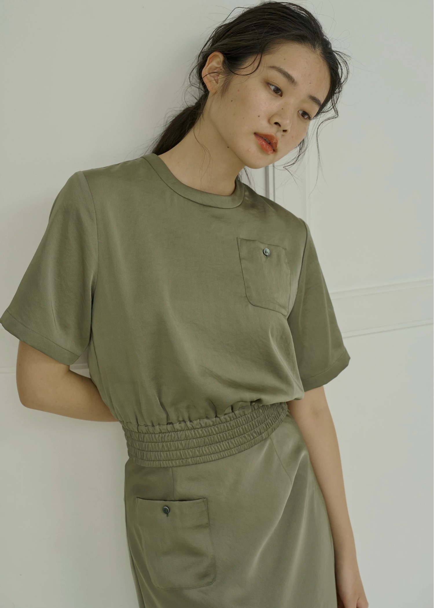 patch pocket mat satin waist shirring tops