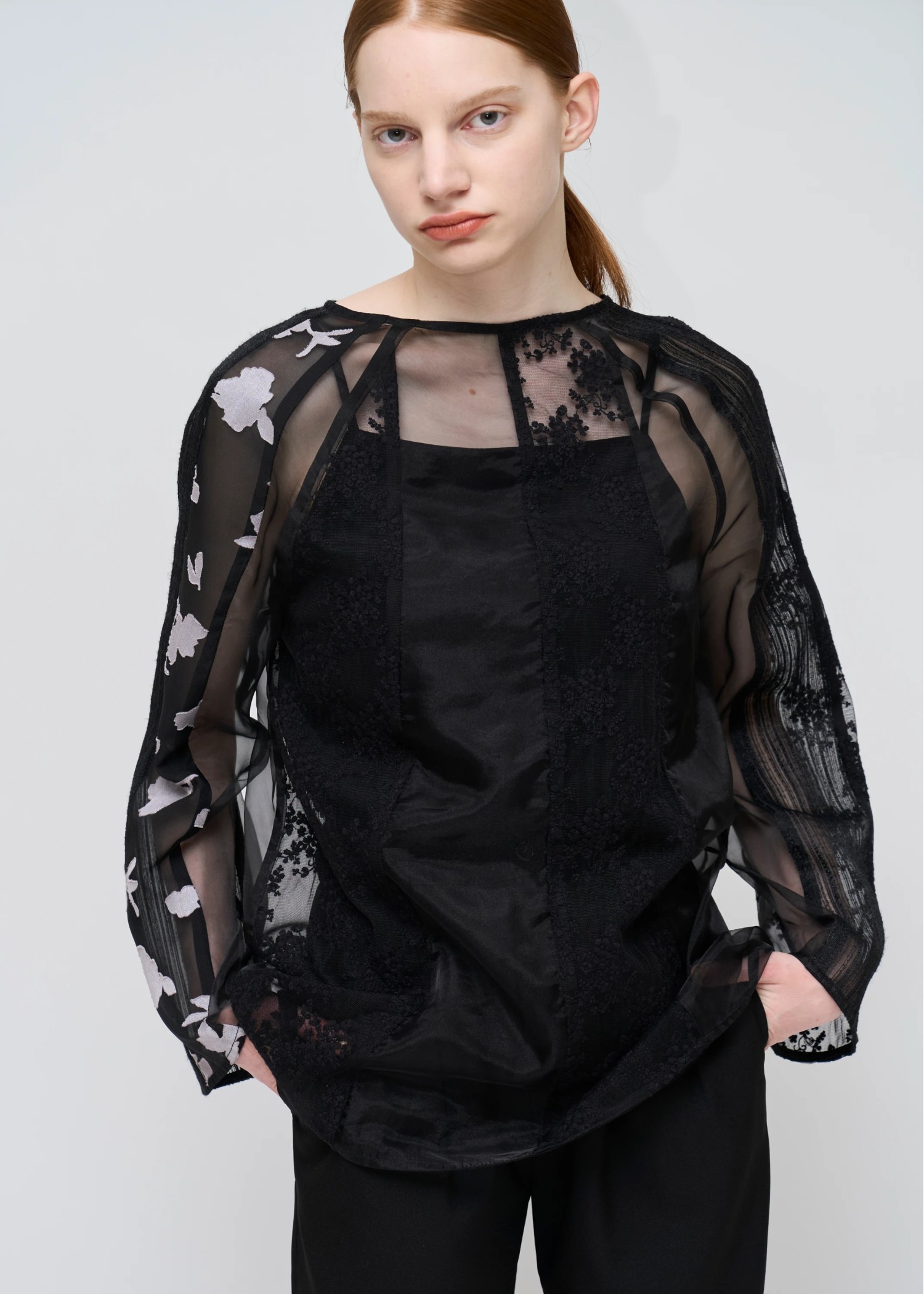 patchwork various pattern sheer tops