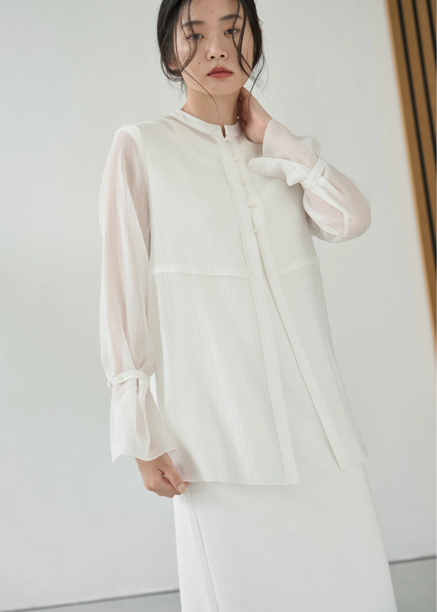 shirring pattern band collar sheer BL