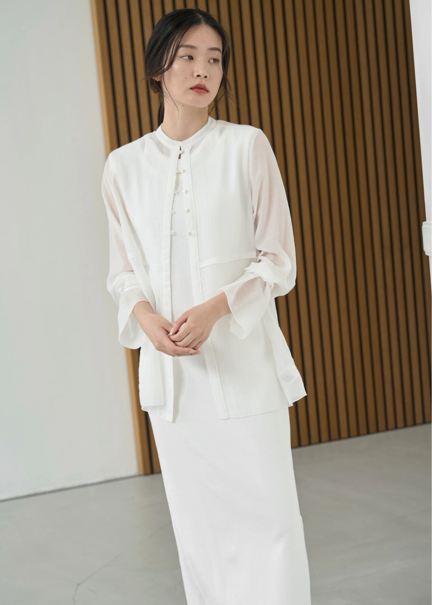 shirring pattern band collar sheer BL