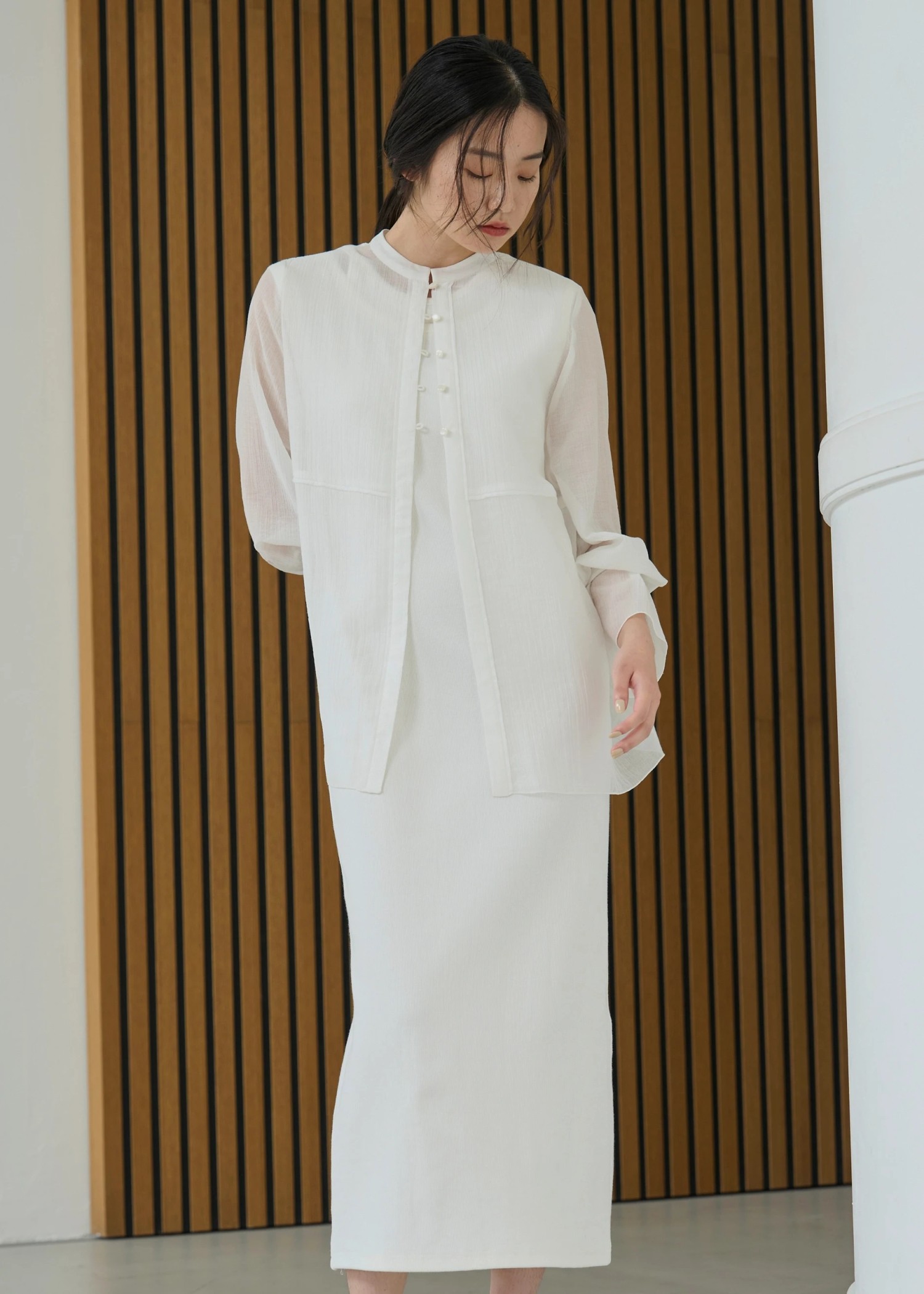 shirring pattern band collar sheer BL