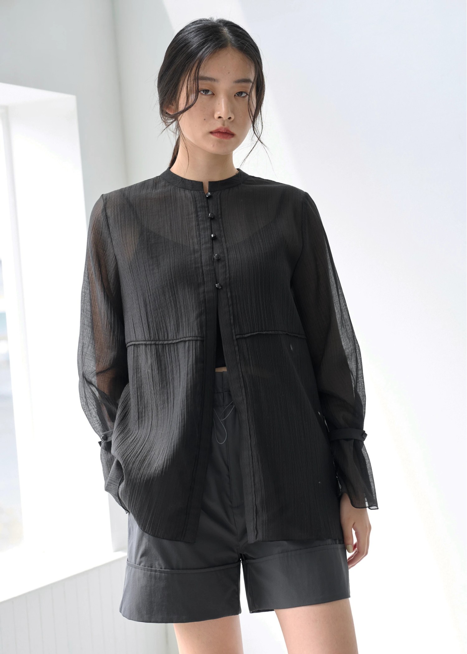 shirring pattern band collar sheer BL