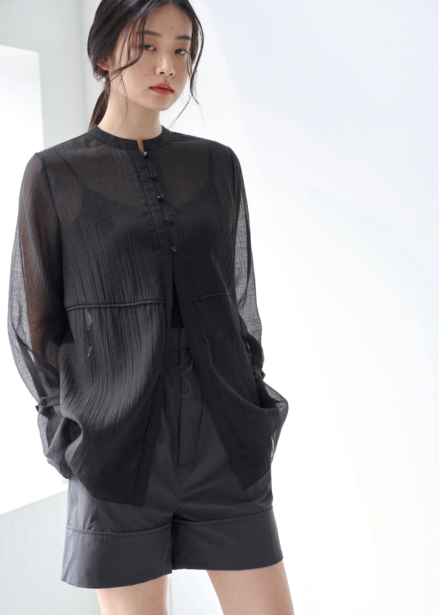 shirring pattern band collar sheer BL