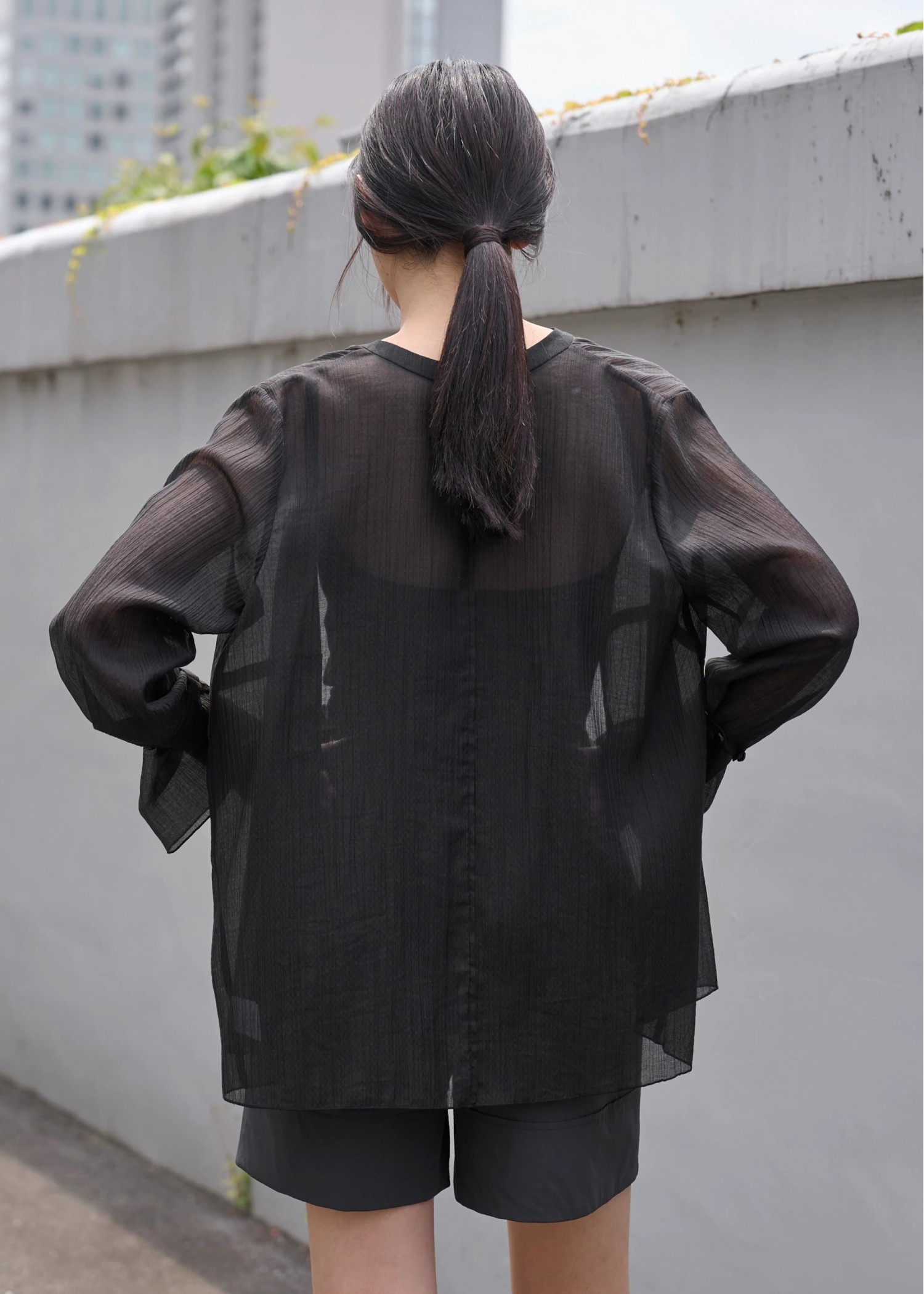 shirring pattern band collar sheer BL