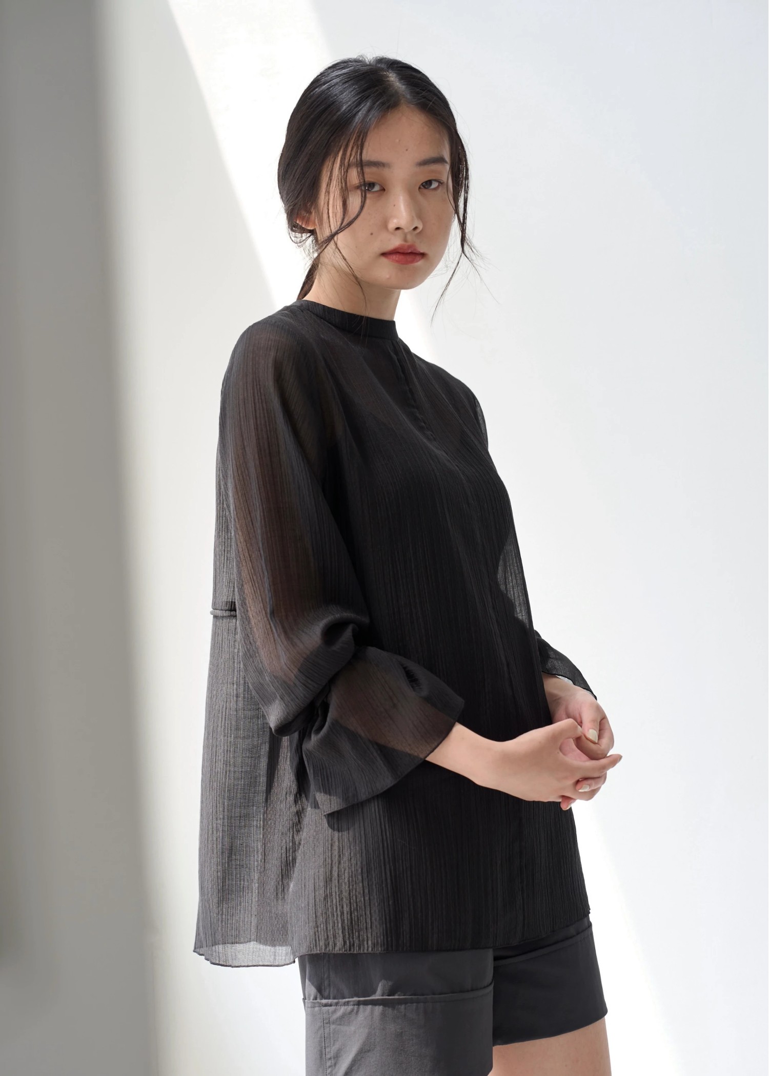 shirring pattern band collar sheer BL