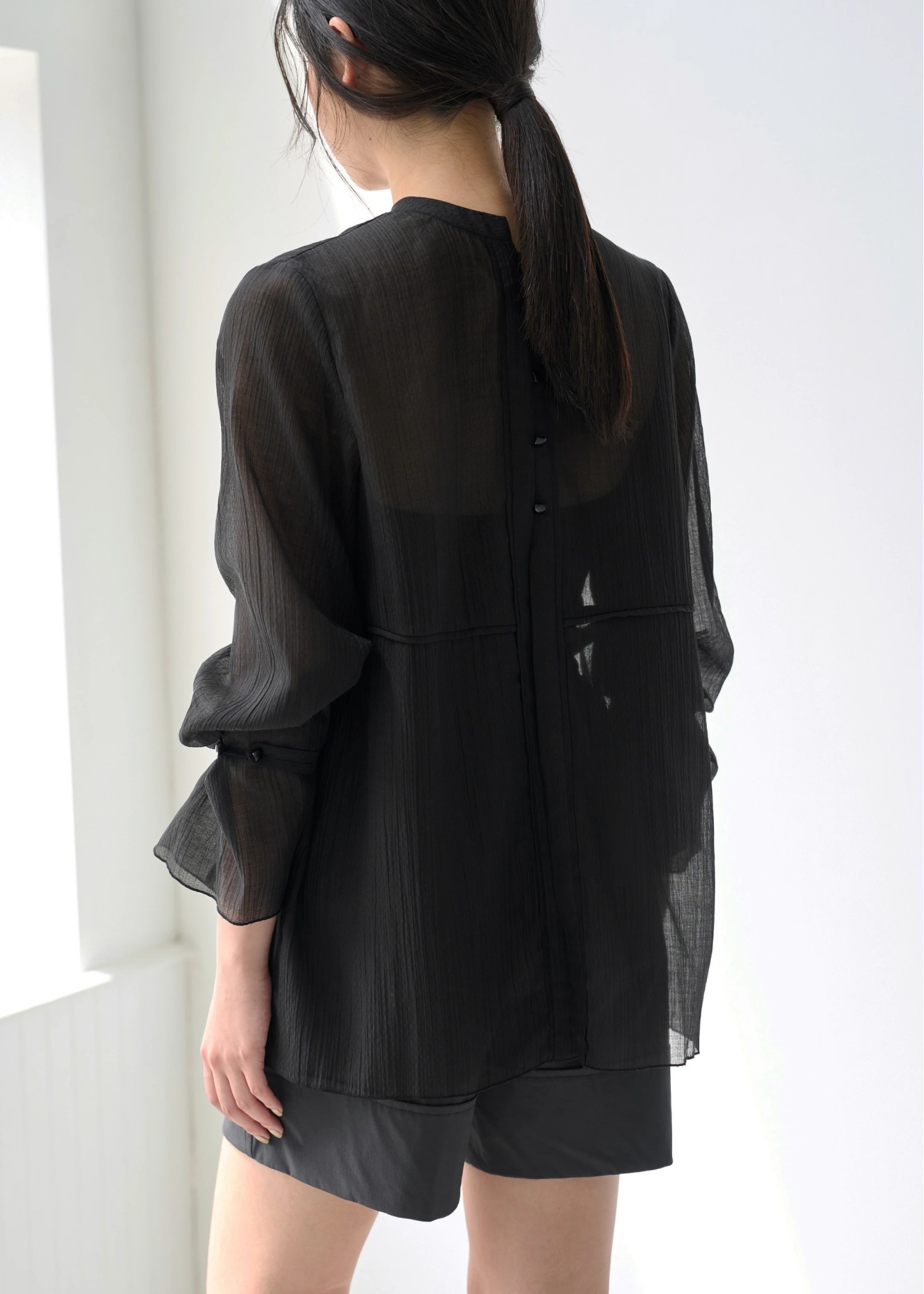 shirring pattern band collar sheer BL