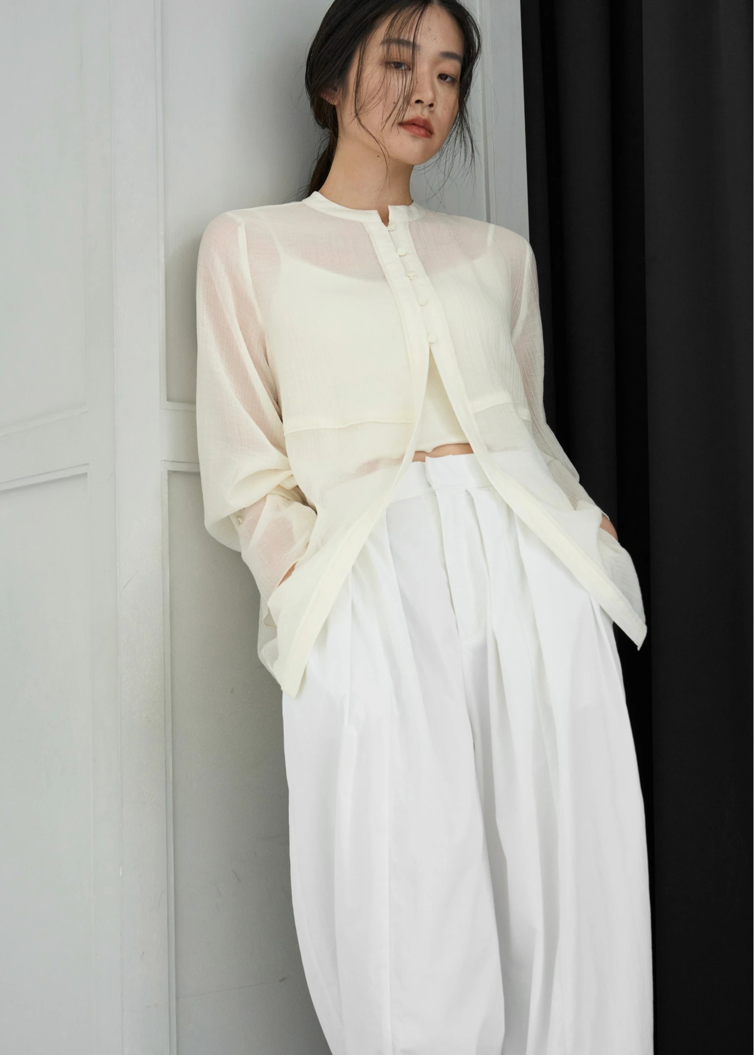 shirring pattern band collar sheer BL