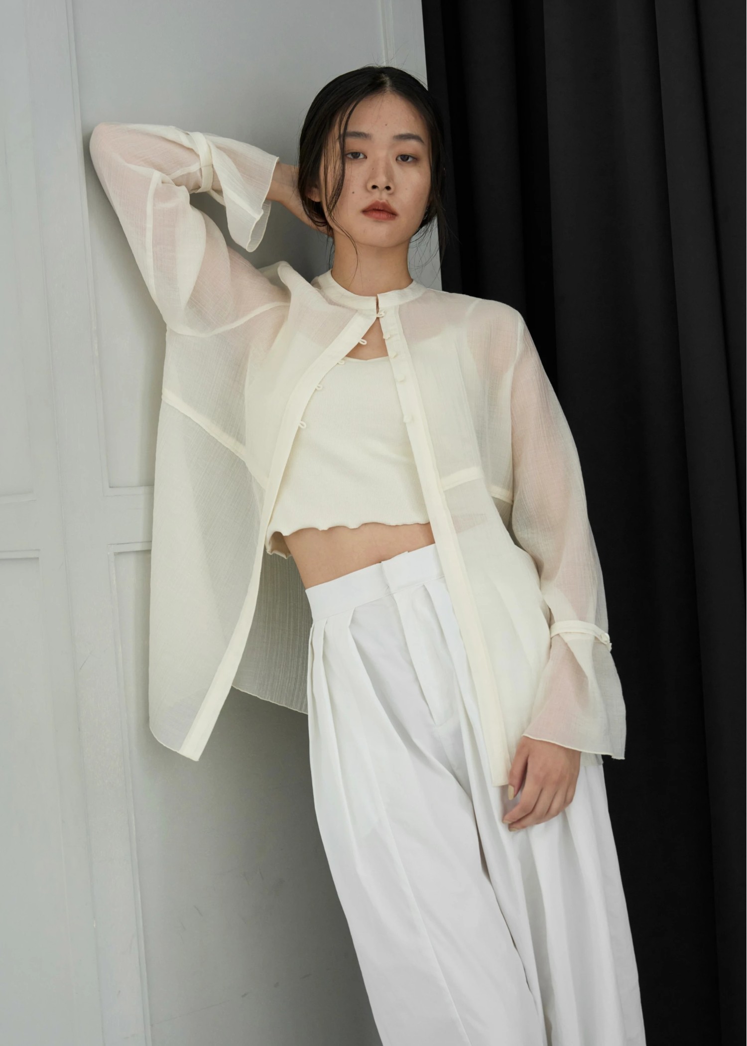 shirring pattern band collar sheer BL