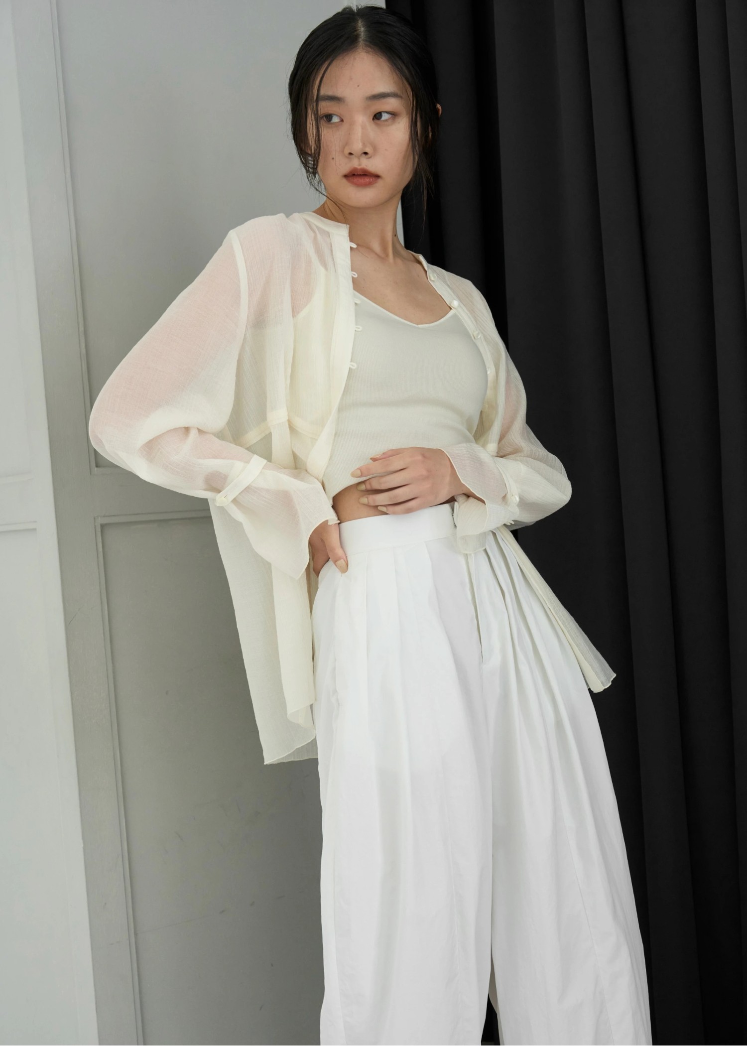 shirring pattern band collar sheer BL