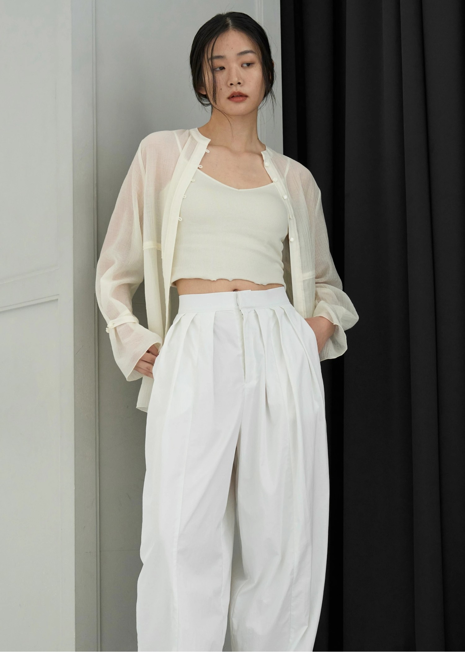 shirring pattern band collar sheer BL