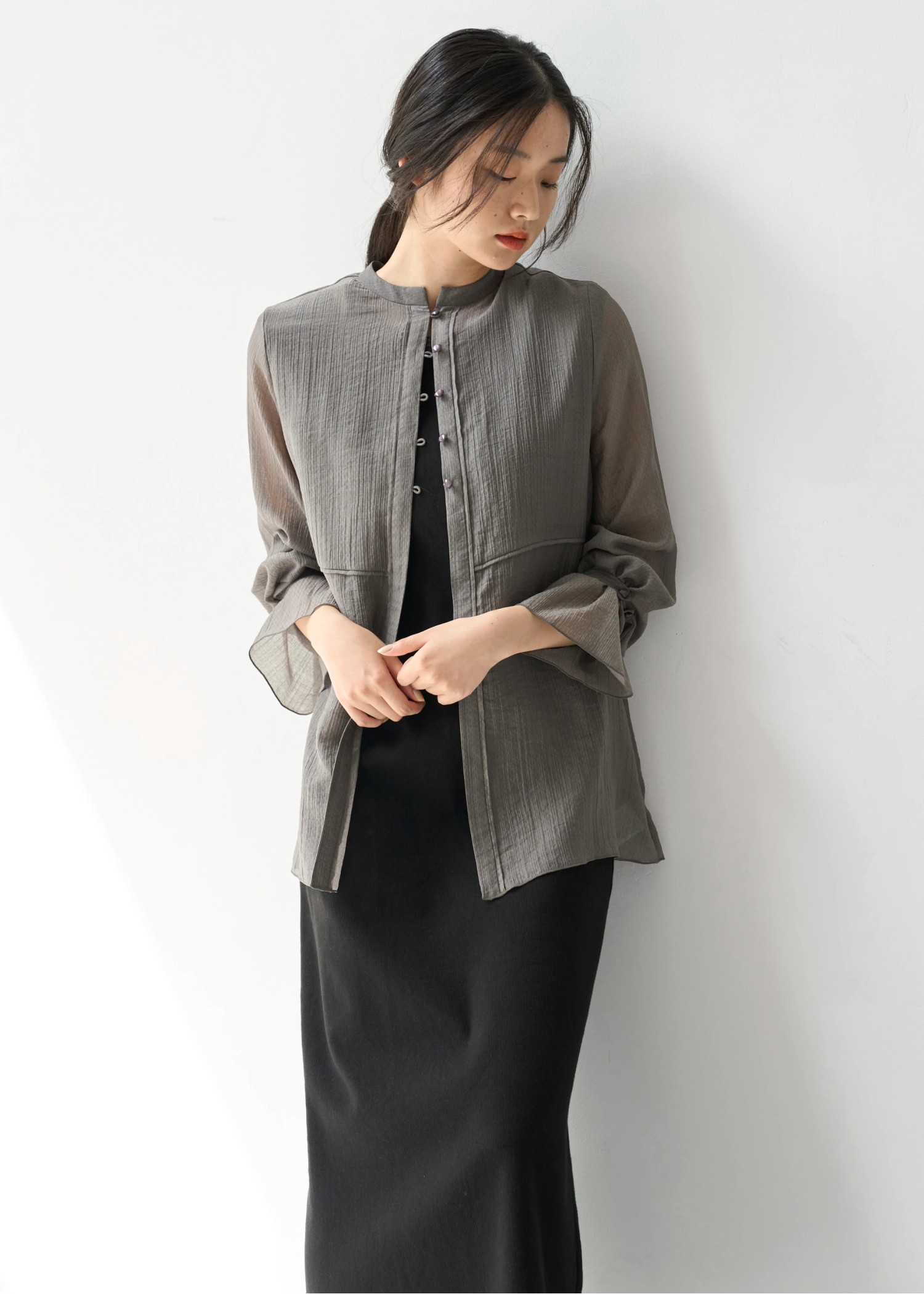 shirring pattern band collar sheer BL
