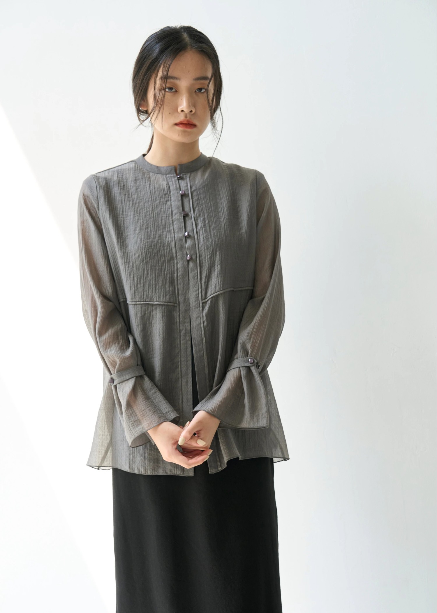 shirring pattern band collar sheer BL