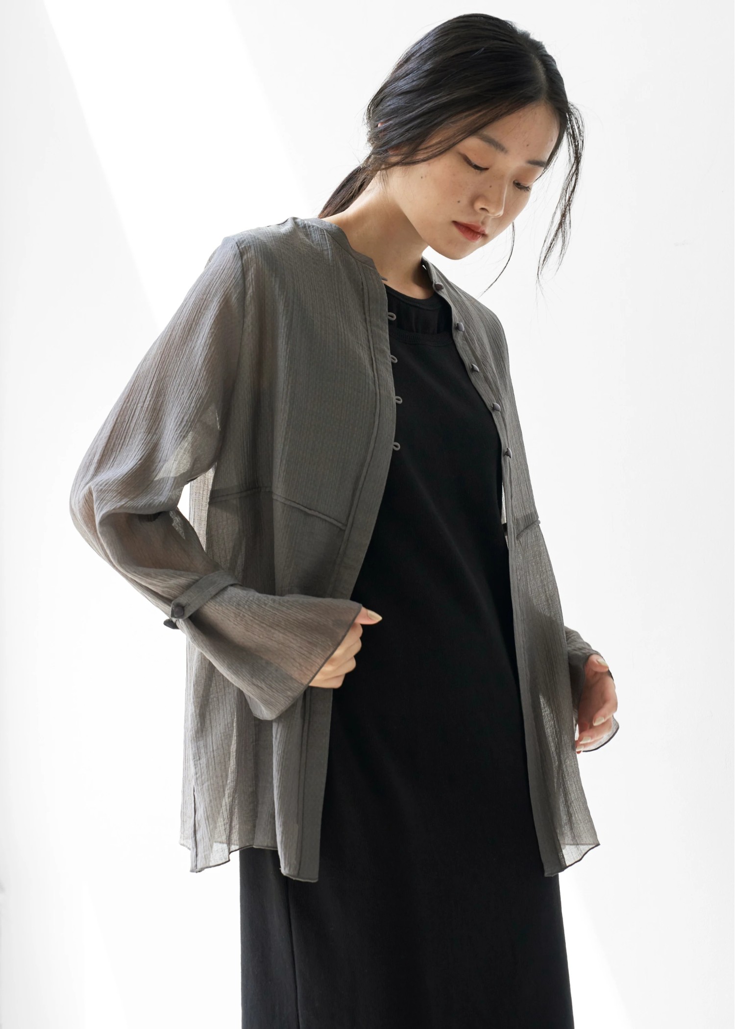 shirring pattern band collar sheer BL