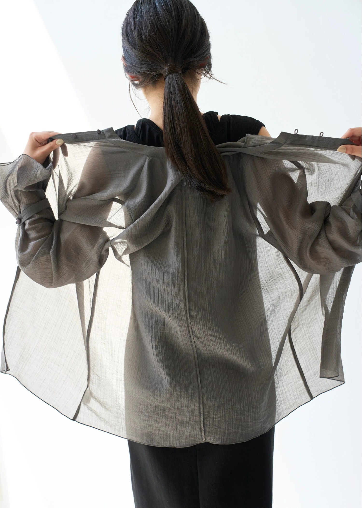 shirring pattern band collar sheer BL