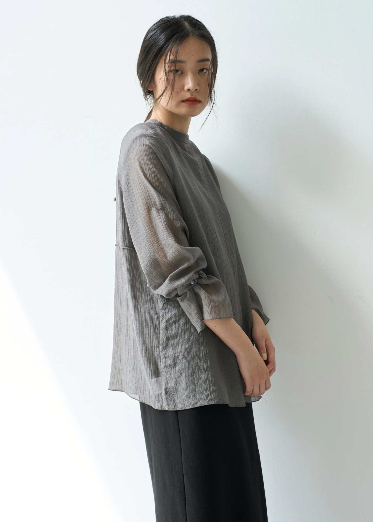 shirring pattern band collar sheer BL