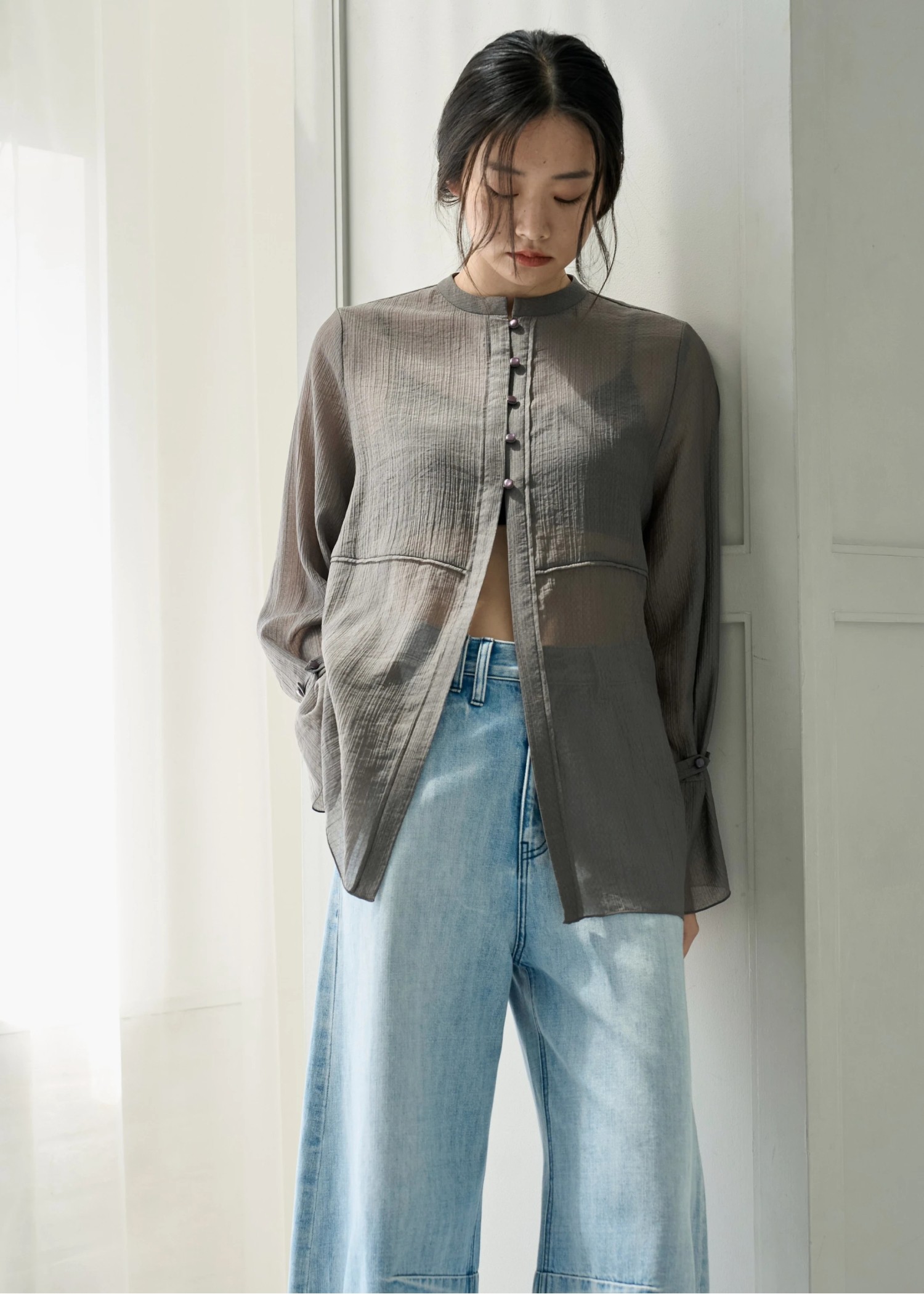 shirring pattern band collar sheer BL