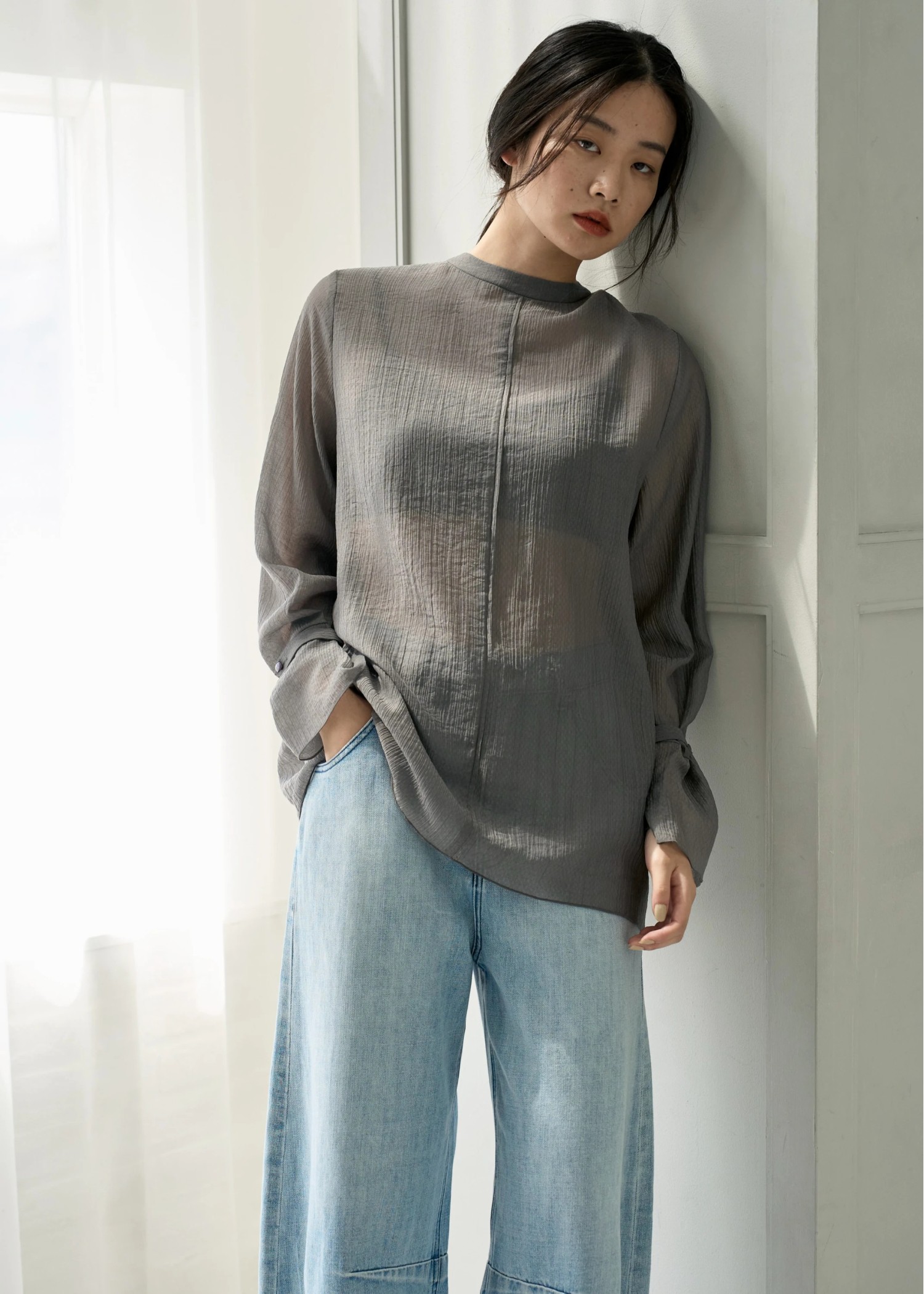 shirring pattern band collar sheer BL